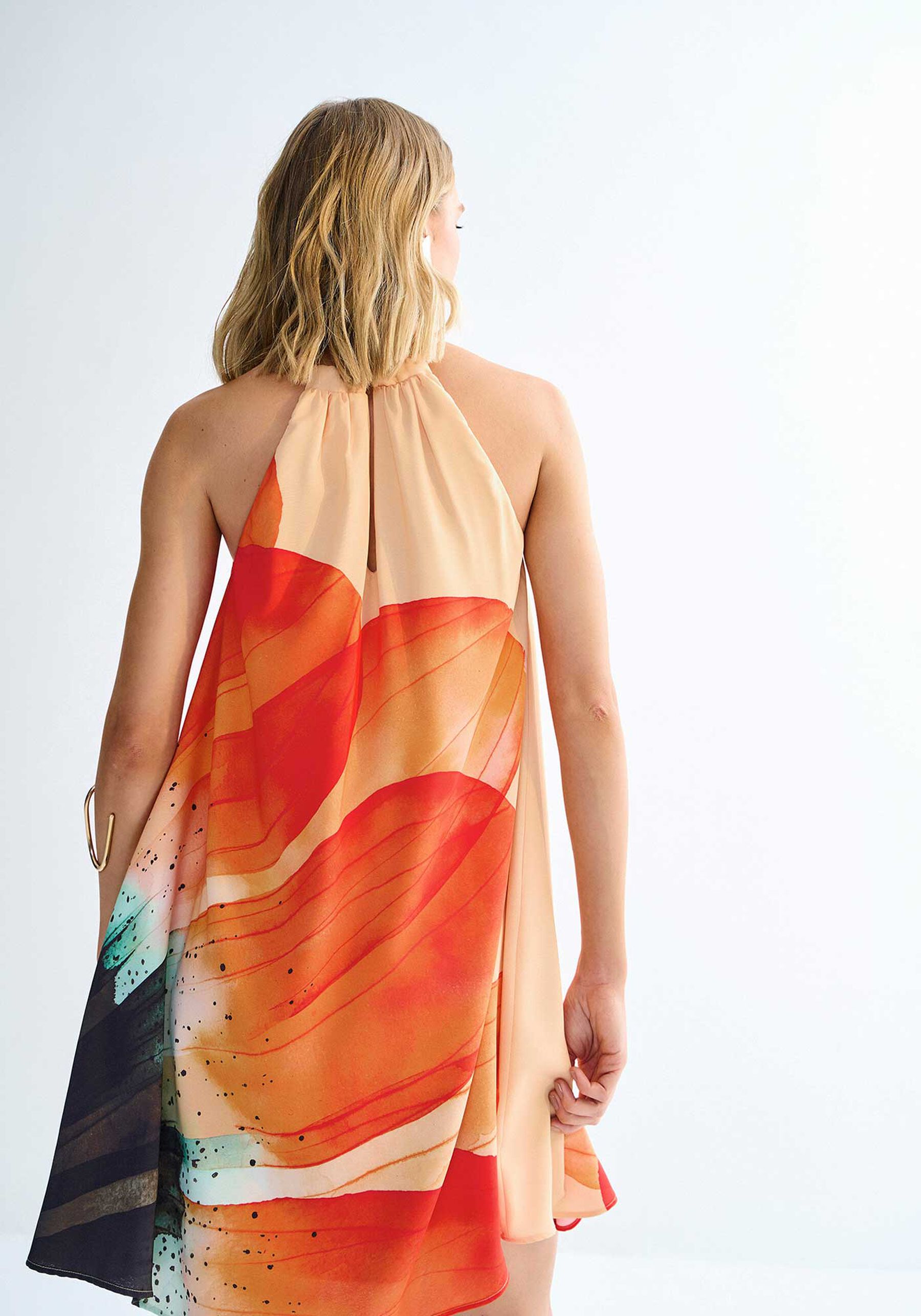 Vestido Curto Amplo com Estampa Blossom, LARANJA PECHE. Vestido Curto Amplo com Estampa Blossom, LARANJA PECHE, large.