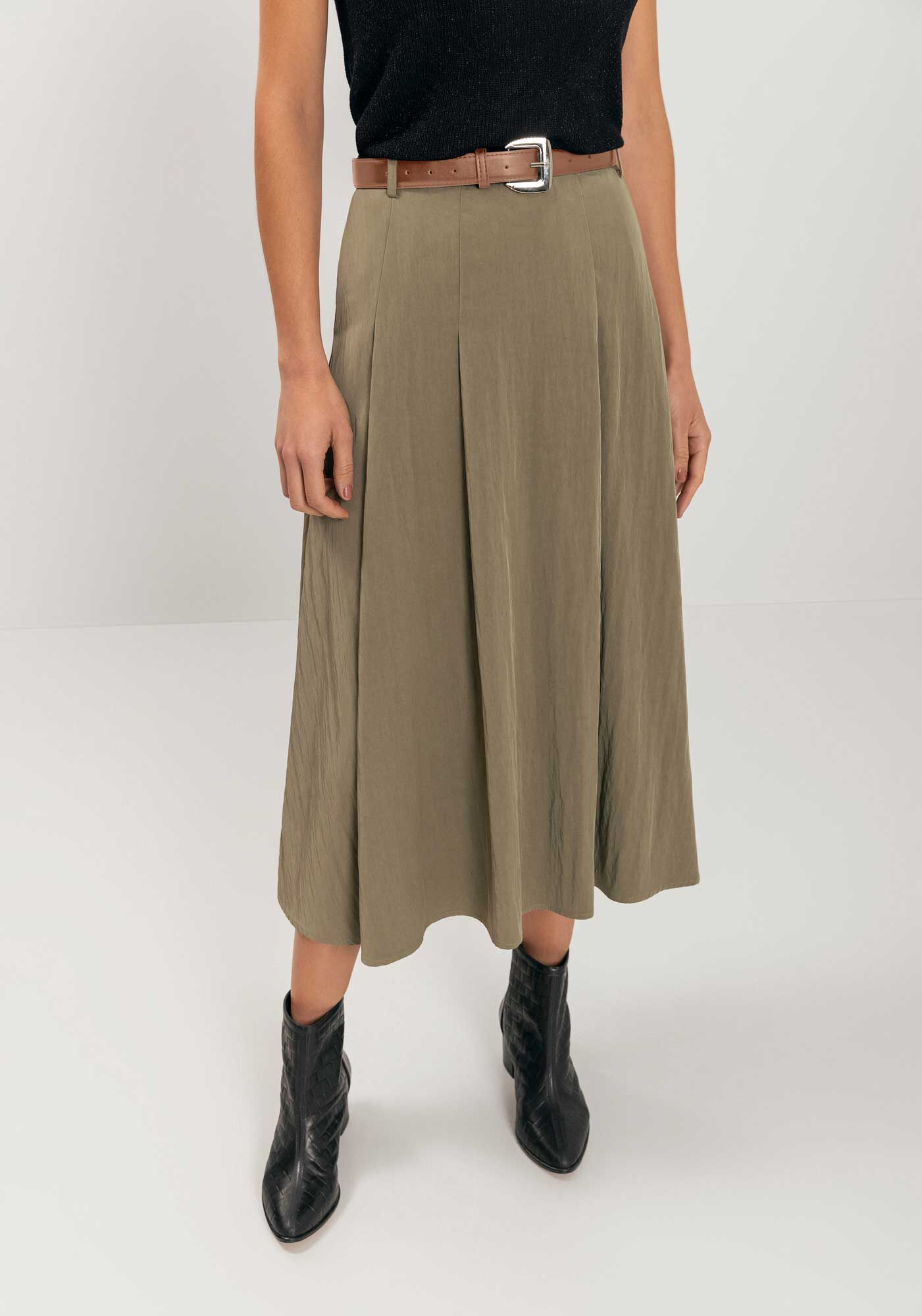 Saia Ch&aacute; De Cintura Alta Com Cinto E Bolsos, , large.