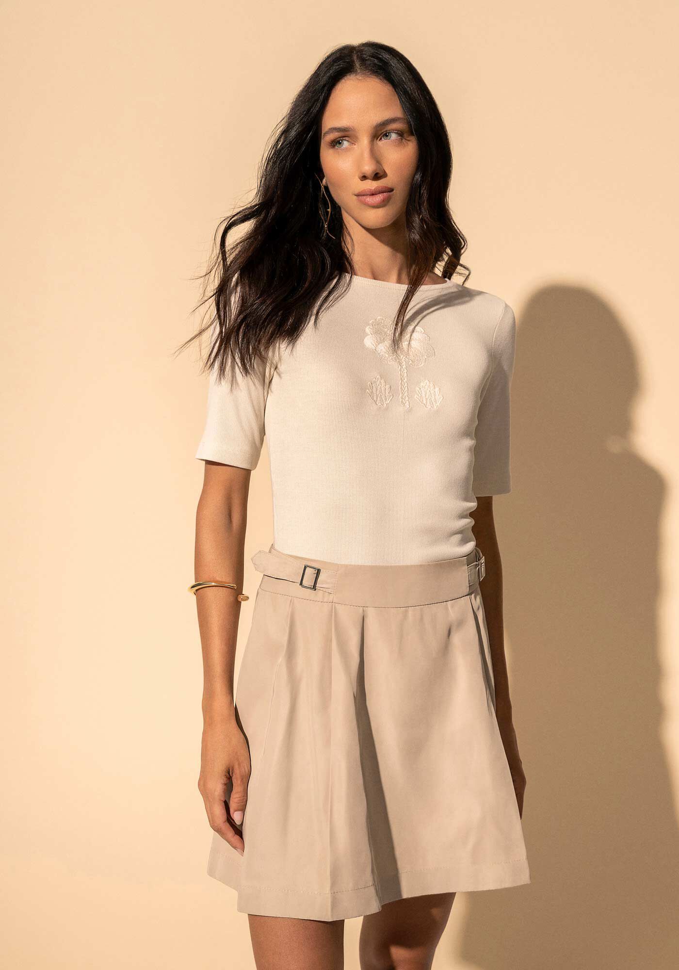 Saia Curta De Cintura M&eacute;dia Com Faixas Afiveladas No C&oacute;s, BEGE BIRCH, large.