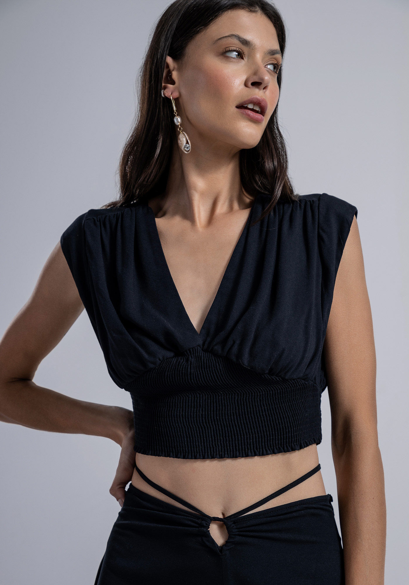 Blusa Cropped Decote V com Lastex, , large.