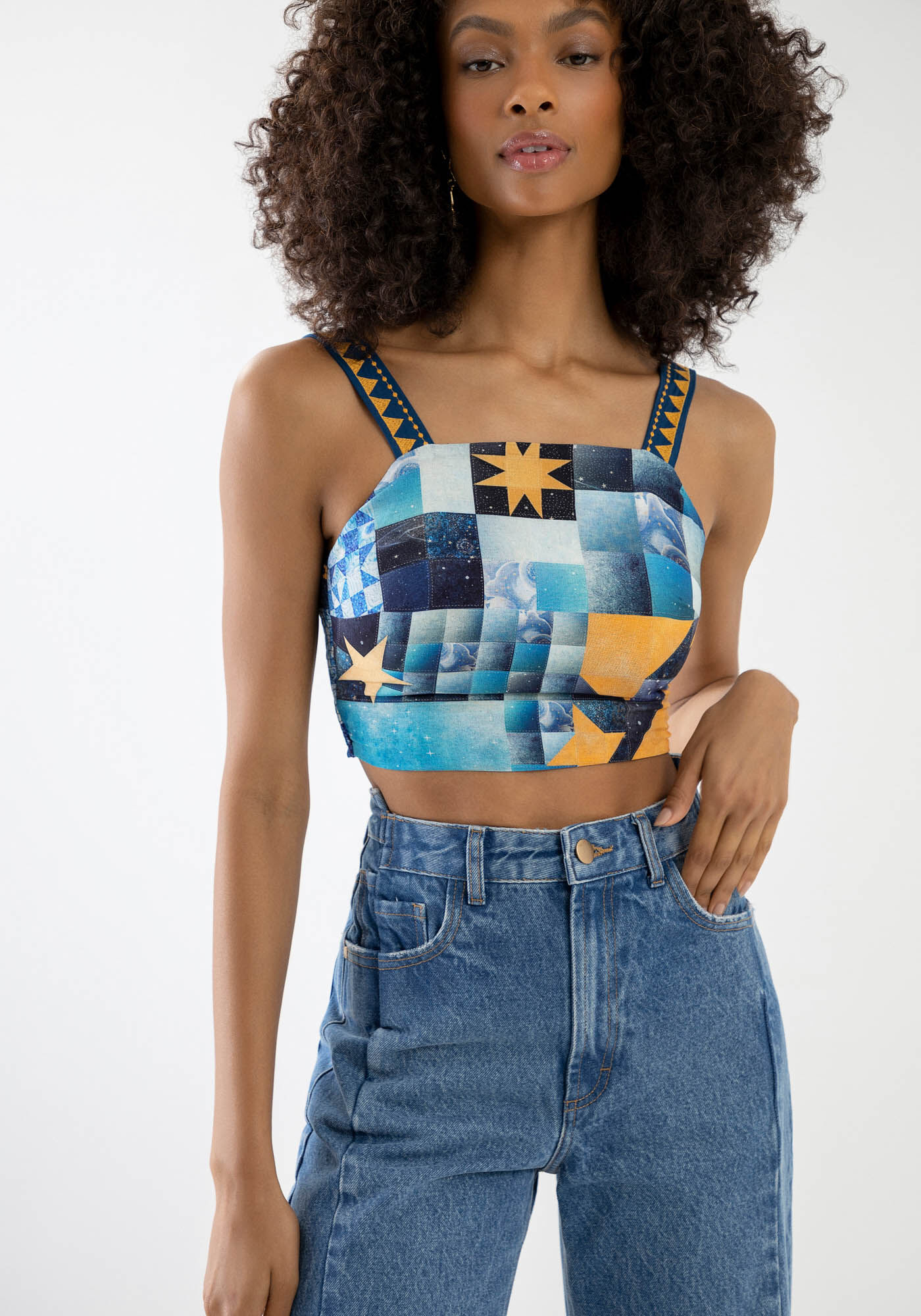 Blusa Cropped Estampada com Bordado Al&ccedil;as, , large.