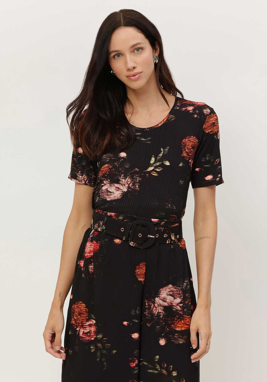 Blusa Estampada Canelada com Manga Curta, . Blusa Estampada Canelada com Manga Curta, , large.