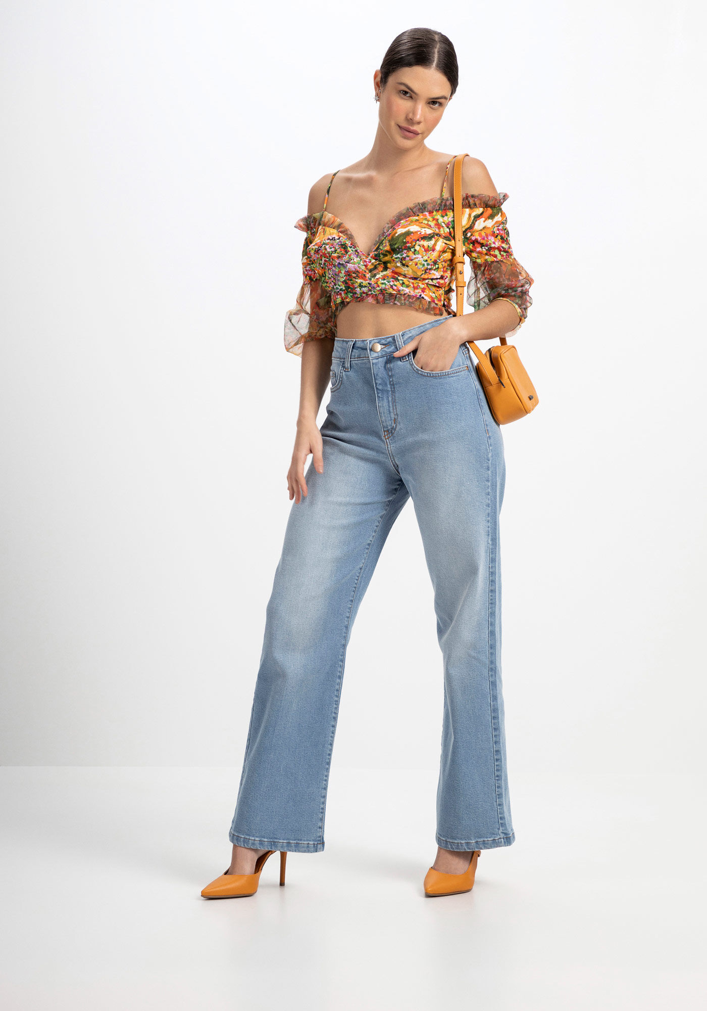 Blusa Cropped Estampada com Manga Tule, , large.