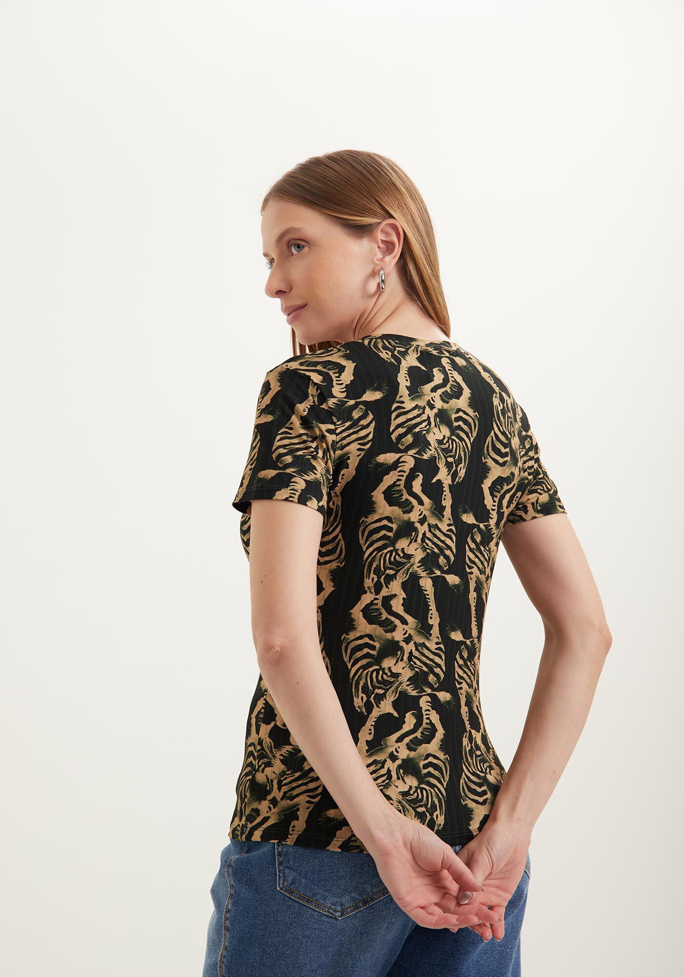 Blusa De Mangas Curtas Estampada Em Malha Com Elastano, , large.