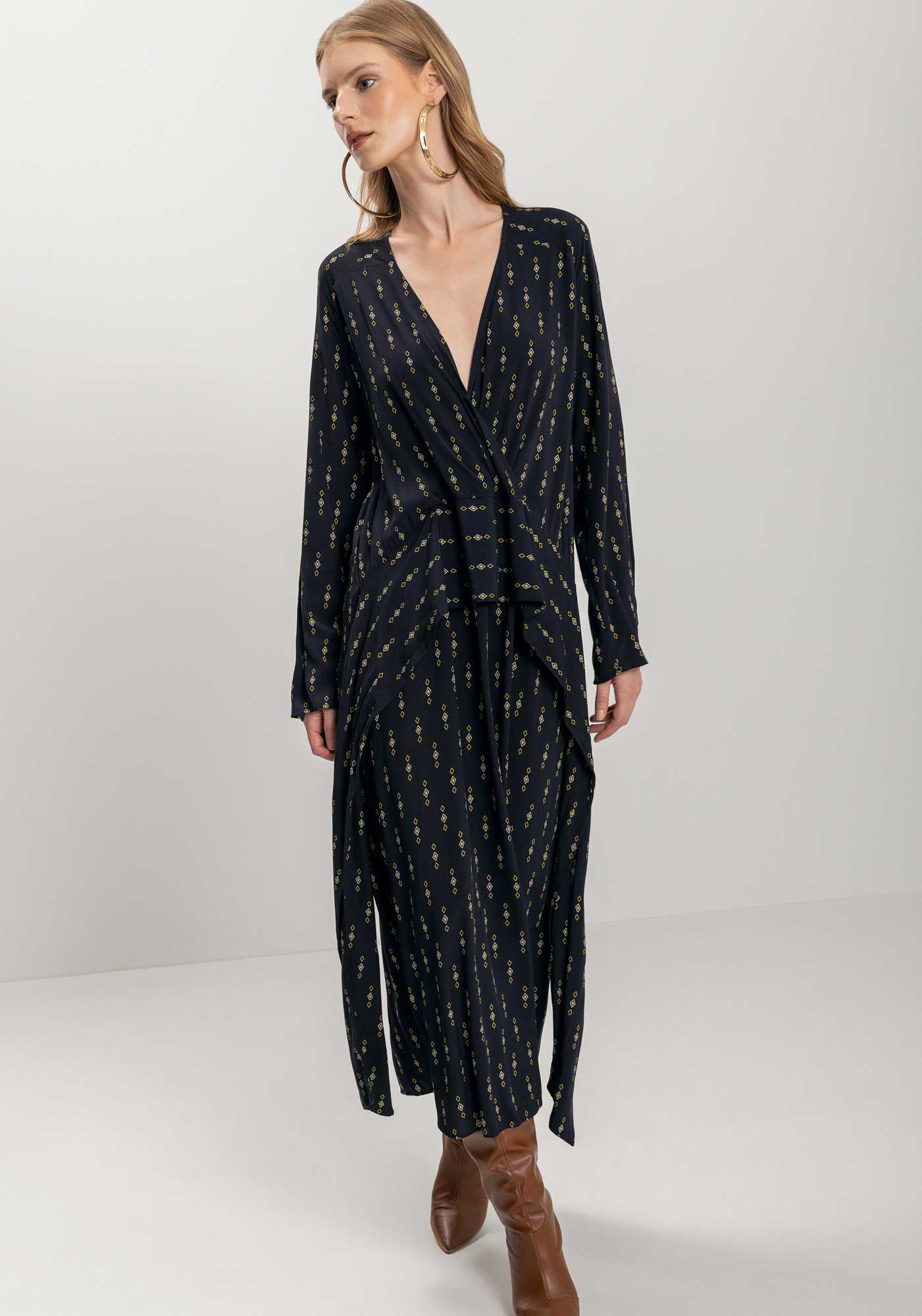 Vestido Estampado Ch&aacute; De Mangas Longas Com Decote Em V, PATTERN PRETO, large.