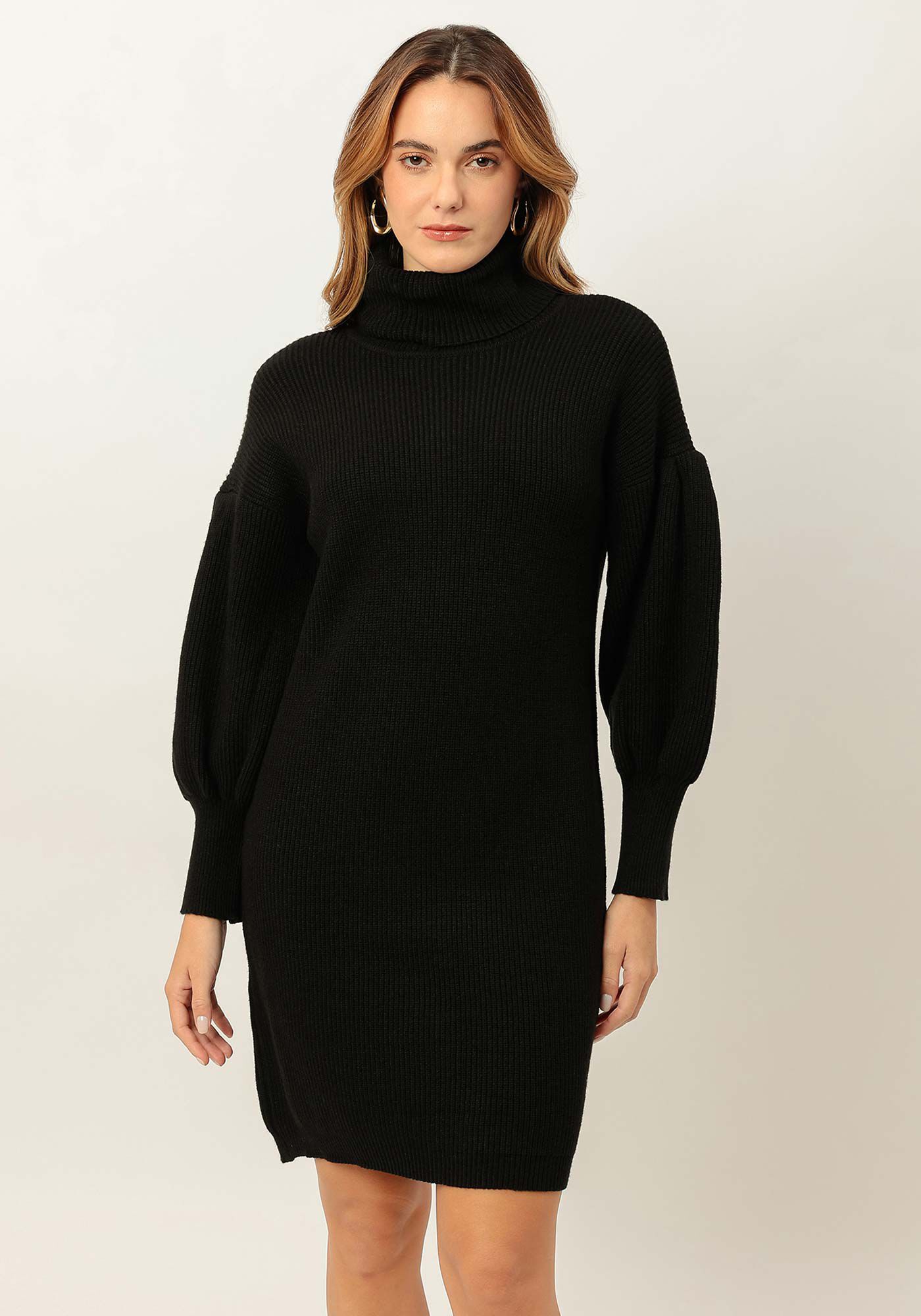 Vestido Curto Gola Alta em Tric&ocirc; com Manga Bufante, , large.