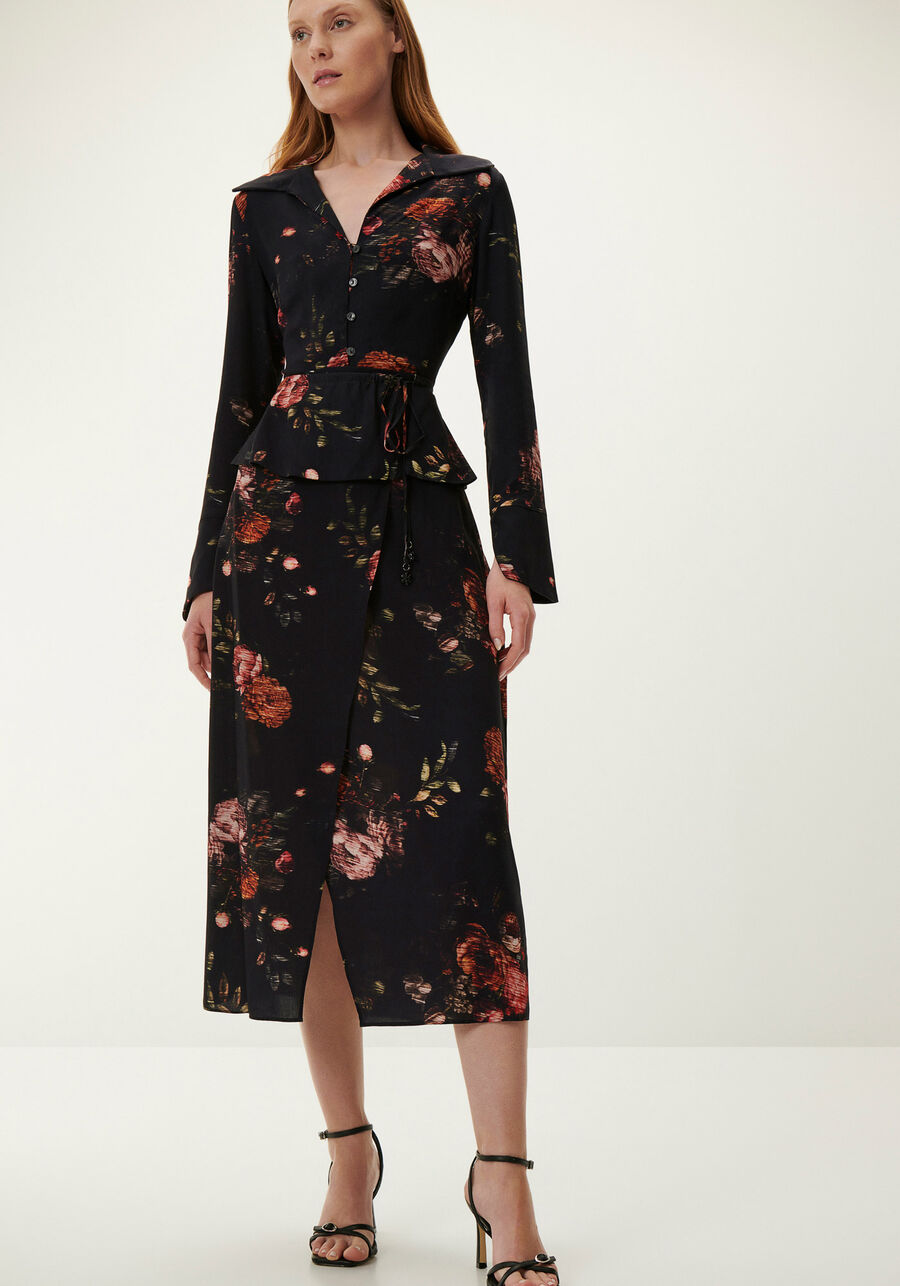 Saia Midi Floral em Viscose com Recorte Sobreposto, VIENA. Saia Midi Floral em Viscose com Recorte Sobreposto, VIENA, large.