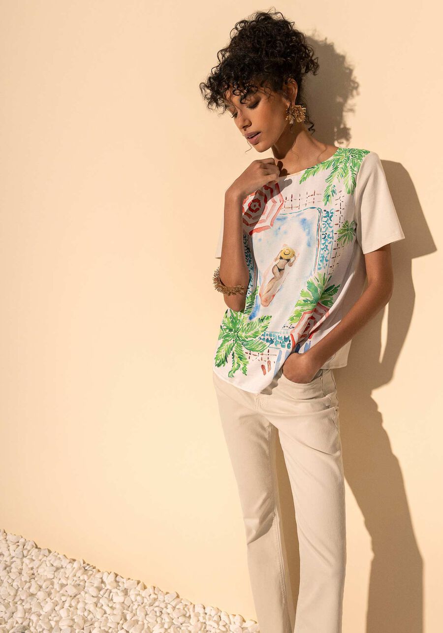 Blusa De Mangas Curtas Com Frente Estampada E Gola Redonda, BEGE ALHAMBRA. Blusa De Mangas Curtas Com Frente Estampada E Gola Redonda, BEGE ALHAMBRA, large.