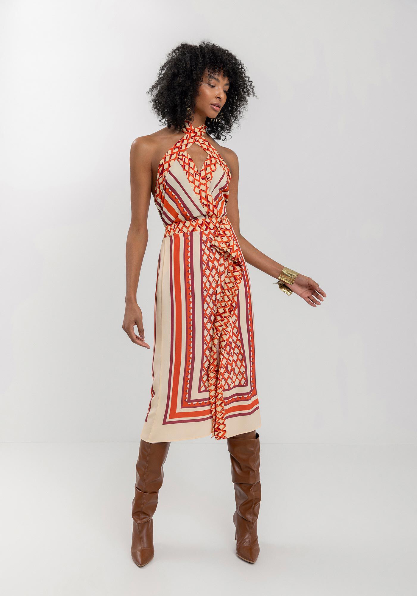 Saia Midi Estampada Com Cintura Alta E Z&iacute;per Posterior, CONTINUOUS LARANJA, large.