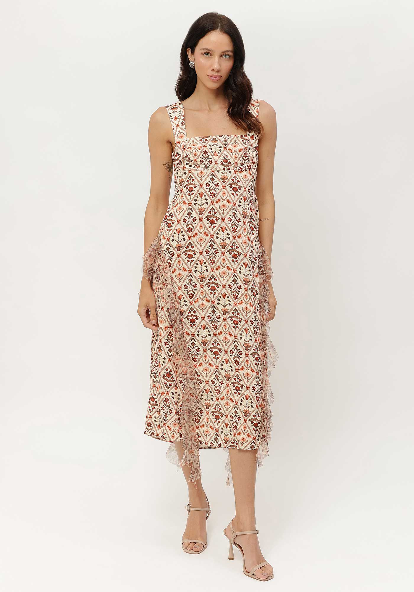 Vestido Midi Estampado em Viscose com Babado Tule, , large.