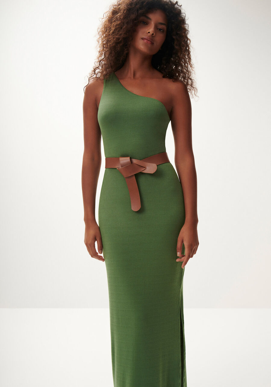 Vestido Longo Ombro Só em Malha com Cinto, VERDE TURTLE. Vestido Longo Ombro Só em Malha com Cinto, VERDE TURTLE, large.