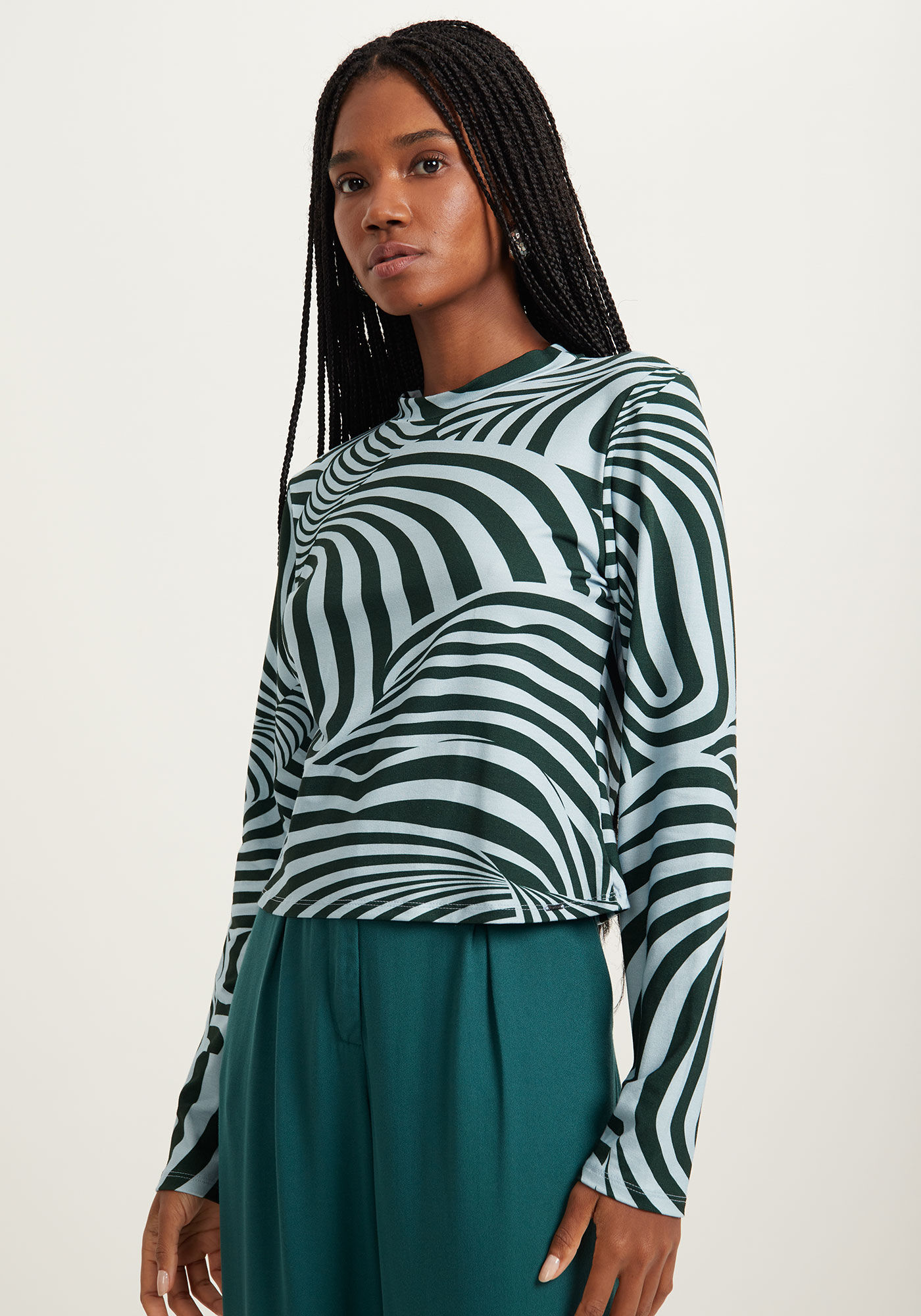 Blusa Curta Estampada De Malha Com Mangas Longas, , large.