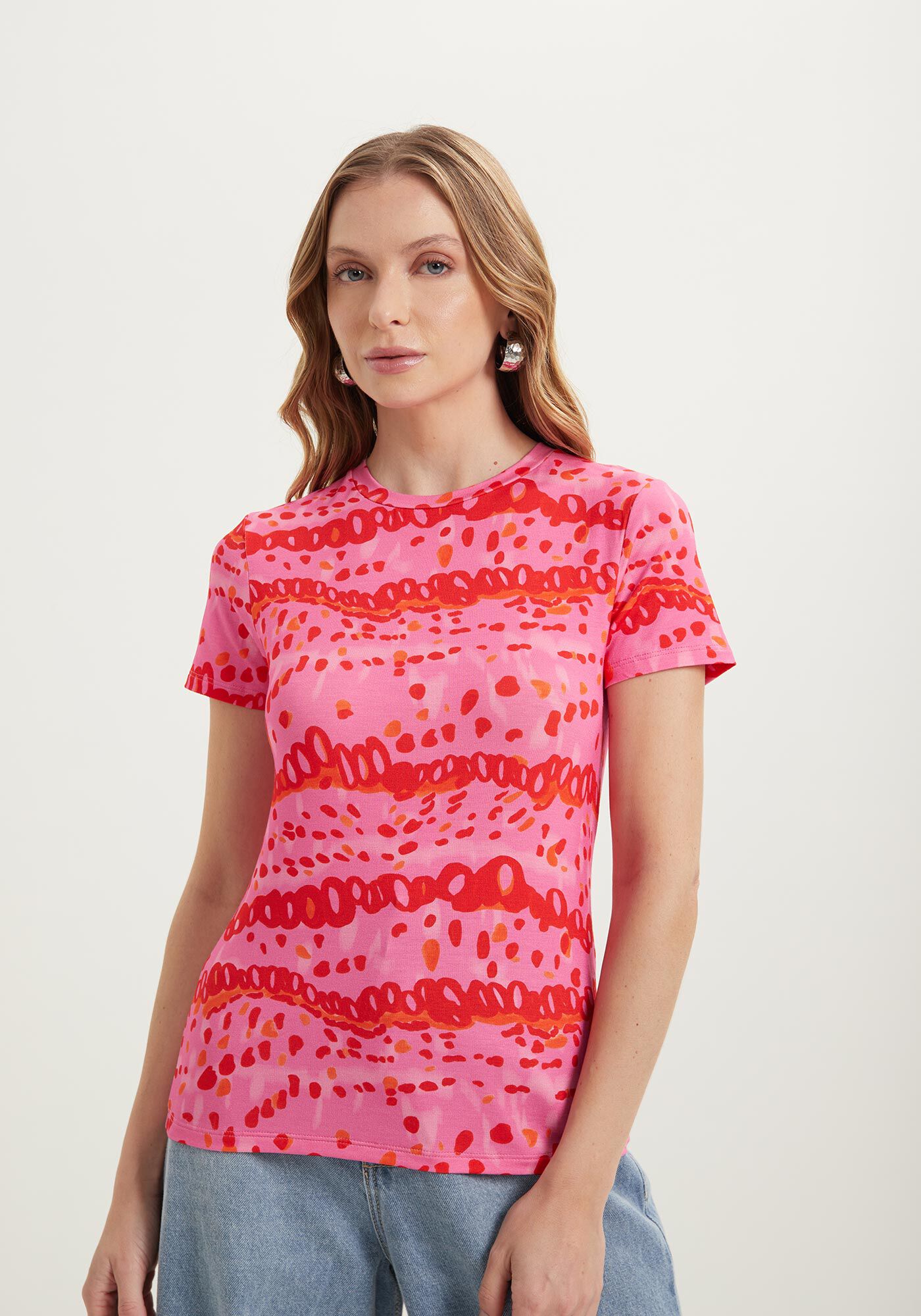 Blusa De Mangas Curtas Estampada Em Malha Com Elastano, COLOR SKIN ROSA, large.