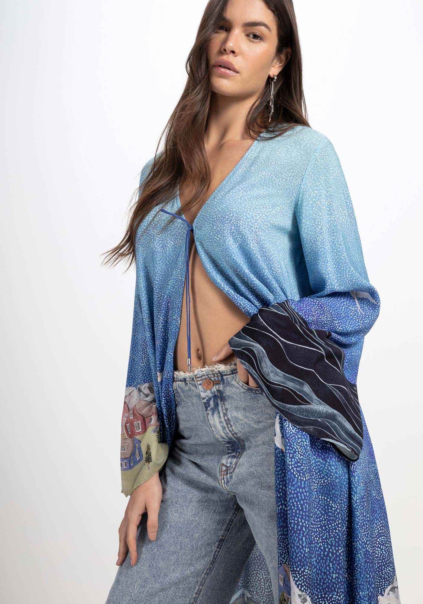 Kimono Alongado em Viscose com Amarra&ccedil;&atilde;o, , large.