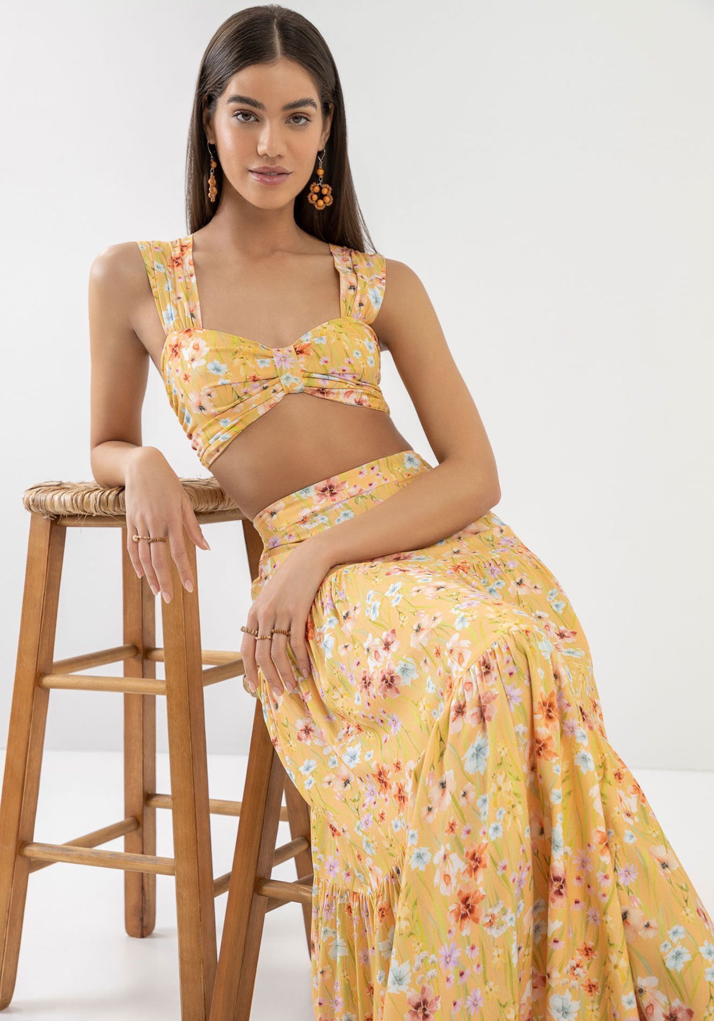 Saia Midi Cintura Alta em Crepe com Babados, , large.