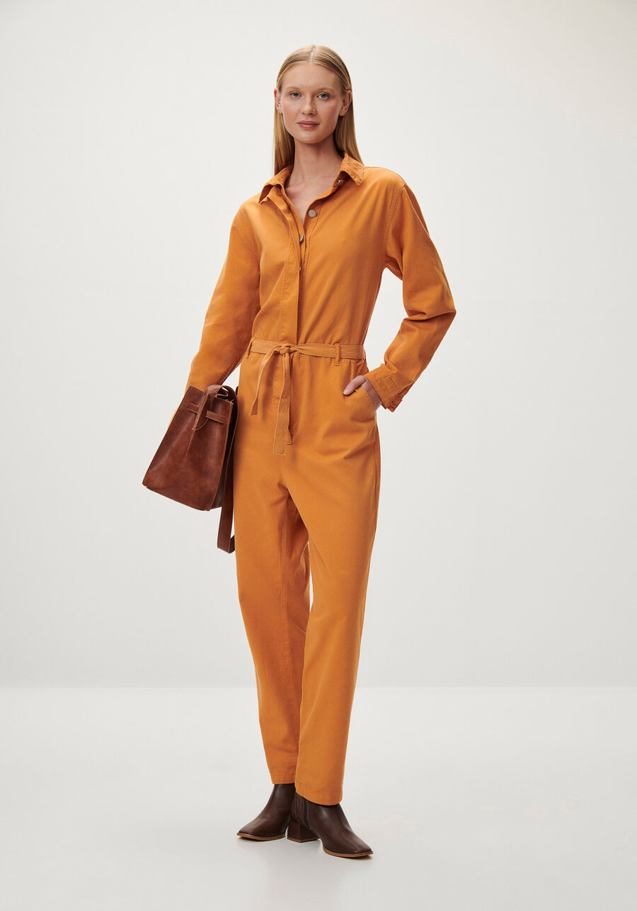 Macacão Longo Sarja Utilitário com Cinto, LARANJA RUST. Macacão Longo Sarja Utilitário com Cinto, LARANJA RUST, large.
