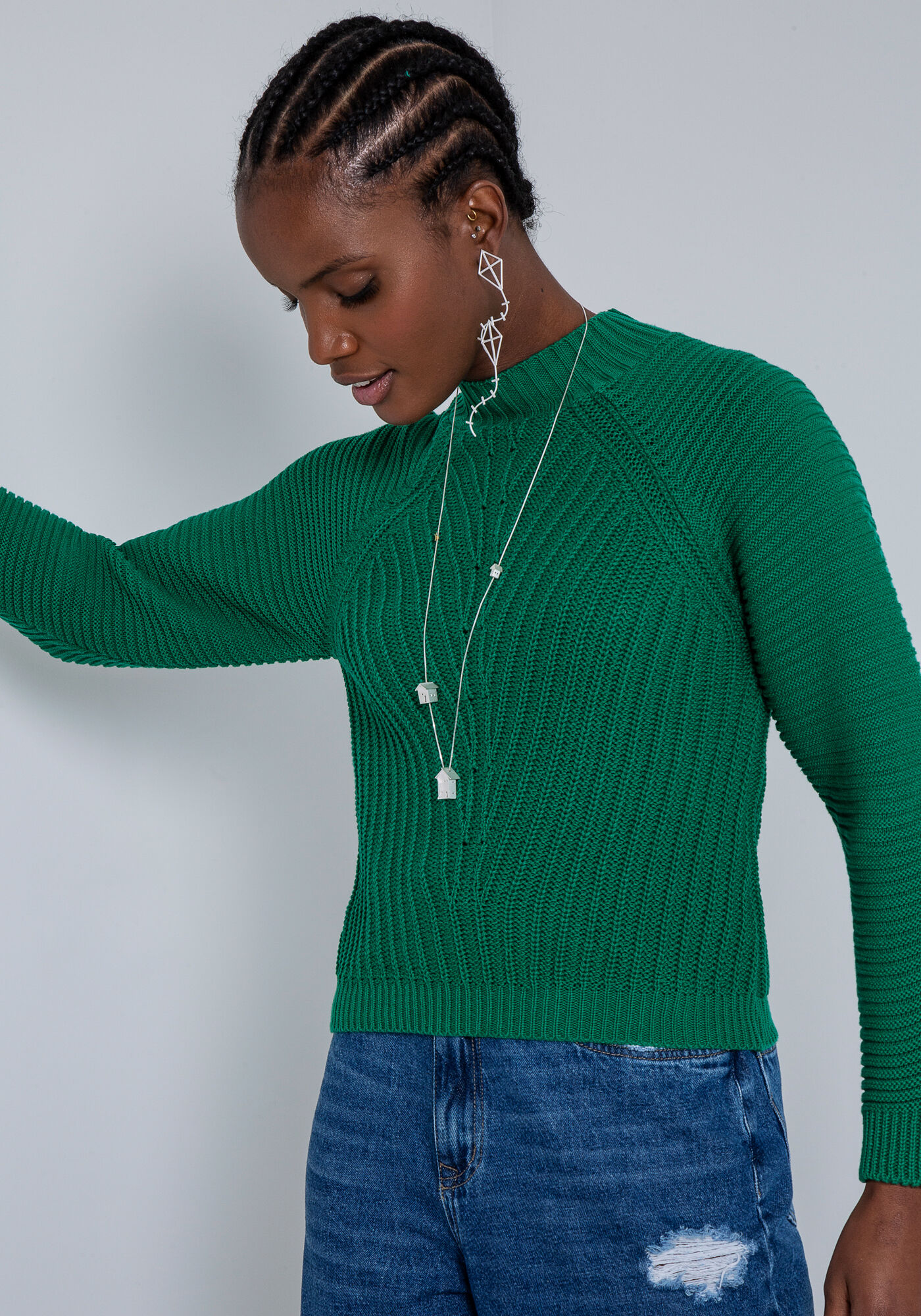 Blus&atilde;o Manga Longa em Tric&ocirc; com Gola Alta, VERDE GLIMMER, large.