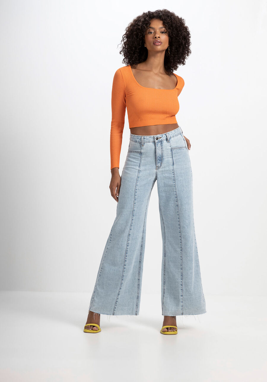 Blusa Cropped em Tricô com Manga Longa, LARANJA CARMIN. Blusa Cropped em Tricô com Manga Longa, LARANJA CARMIN, large.