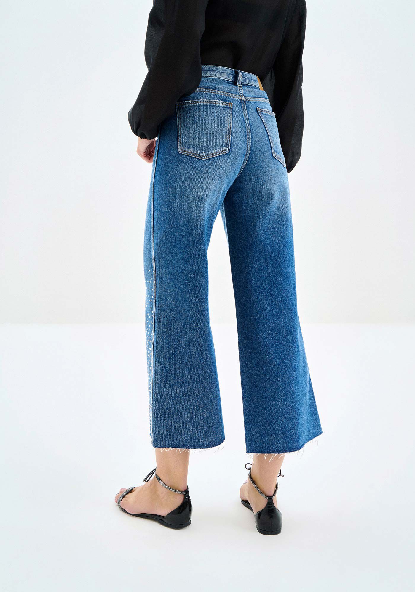 Cal&ccedil;a Jeans Pantacourt Cintura Alta com Strass Barra, , large.