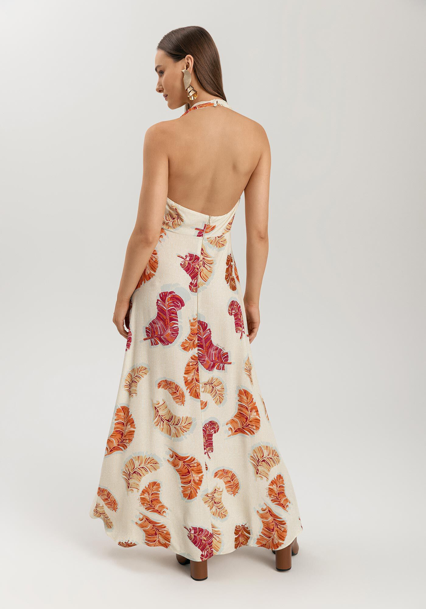 Vestido Longo Estampado Frente &Uacute;nica Com Decote Em V, BANANEIRA BEGE, large.