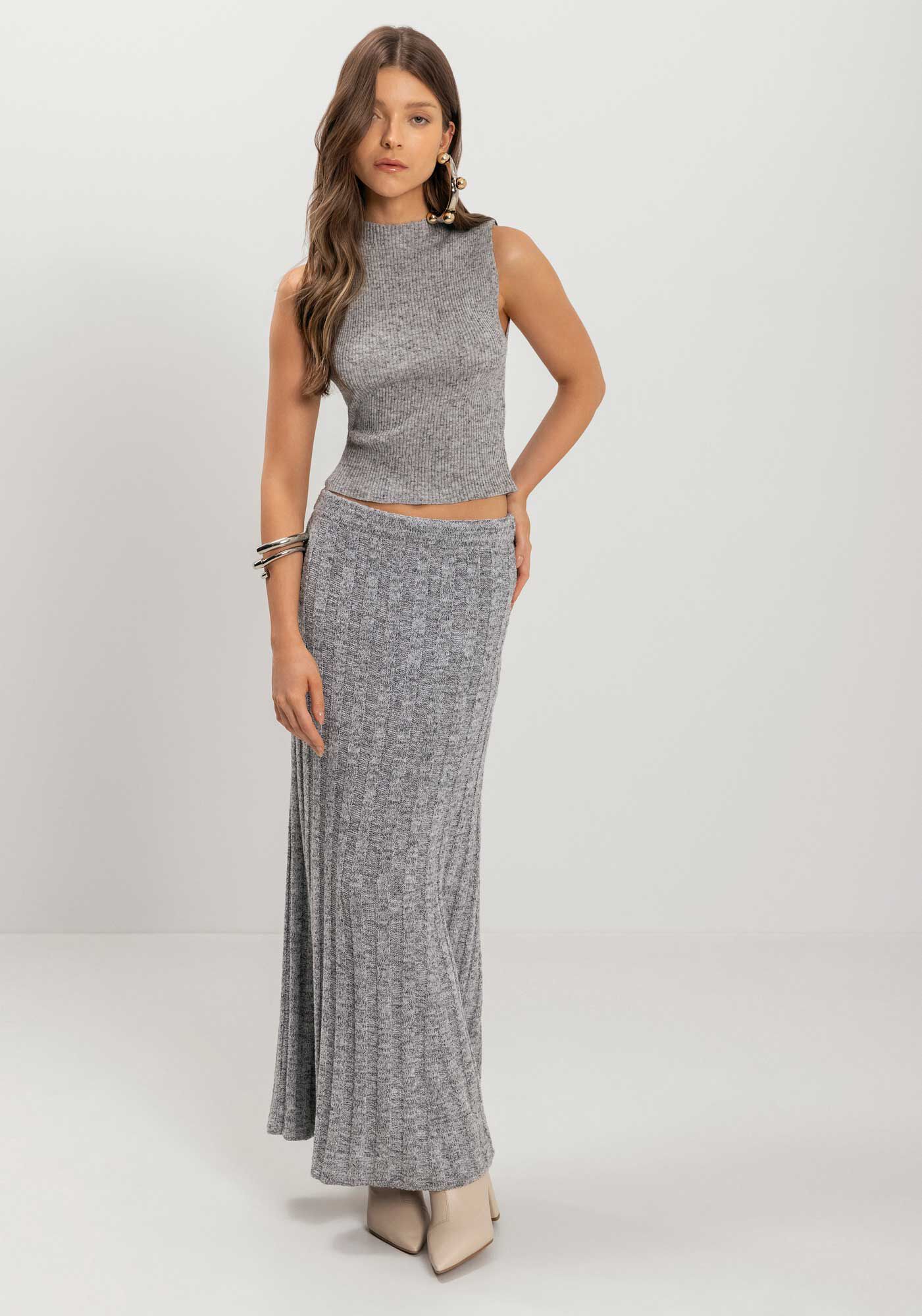 Saia Longa De Tric&ocirc; Com Cintura M&eacute;dia, , large.