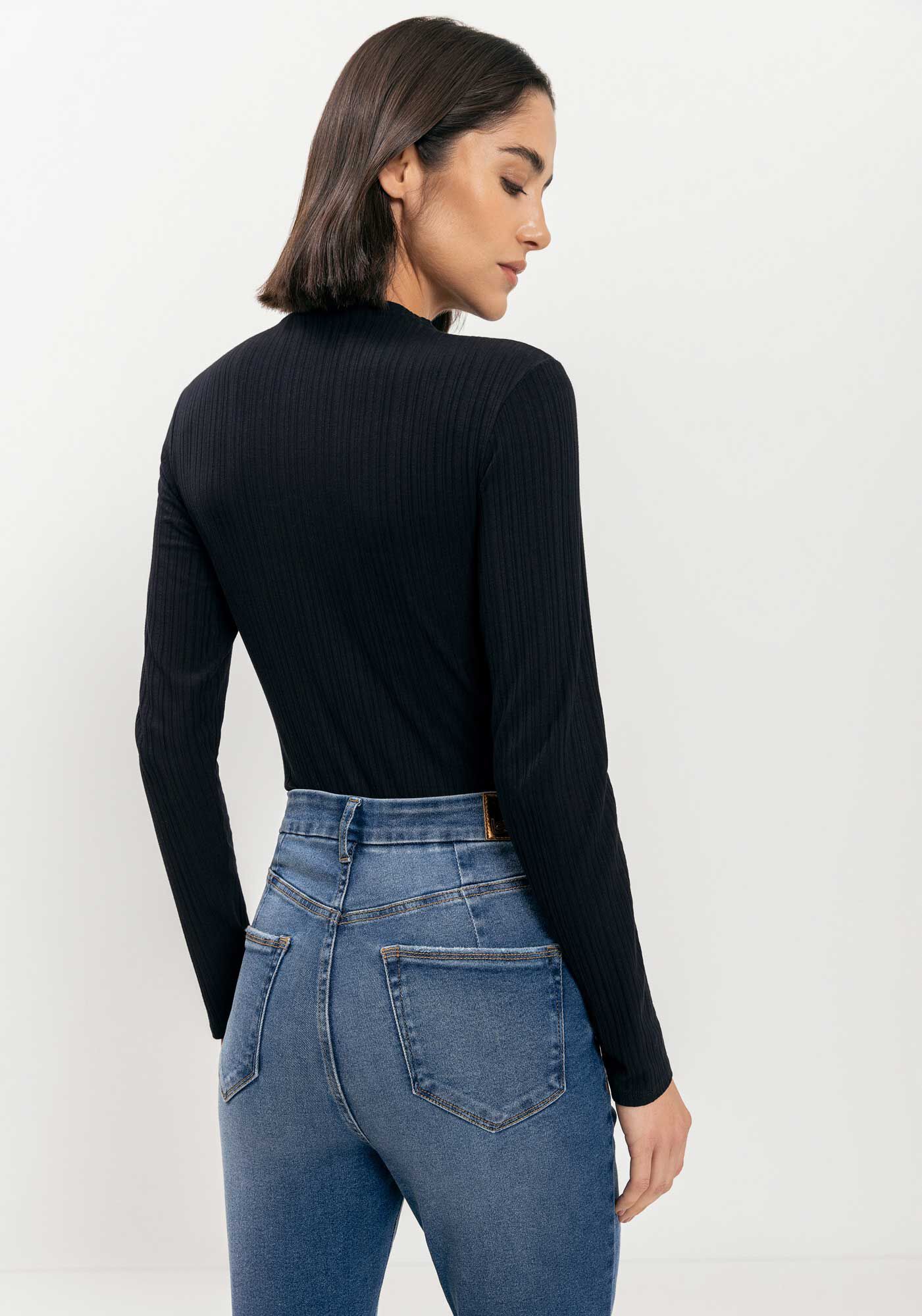 Blusa B&aacute;sica De Manga Longa Em Malha Canelada, PRETO, large.