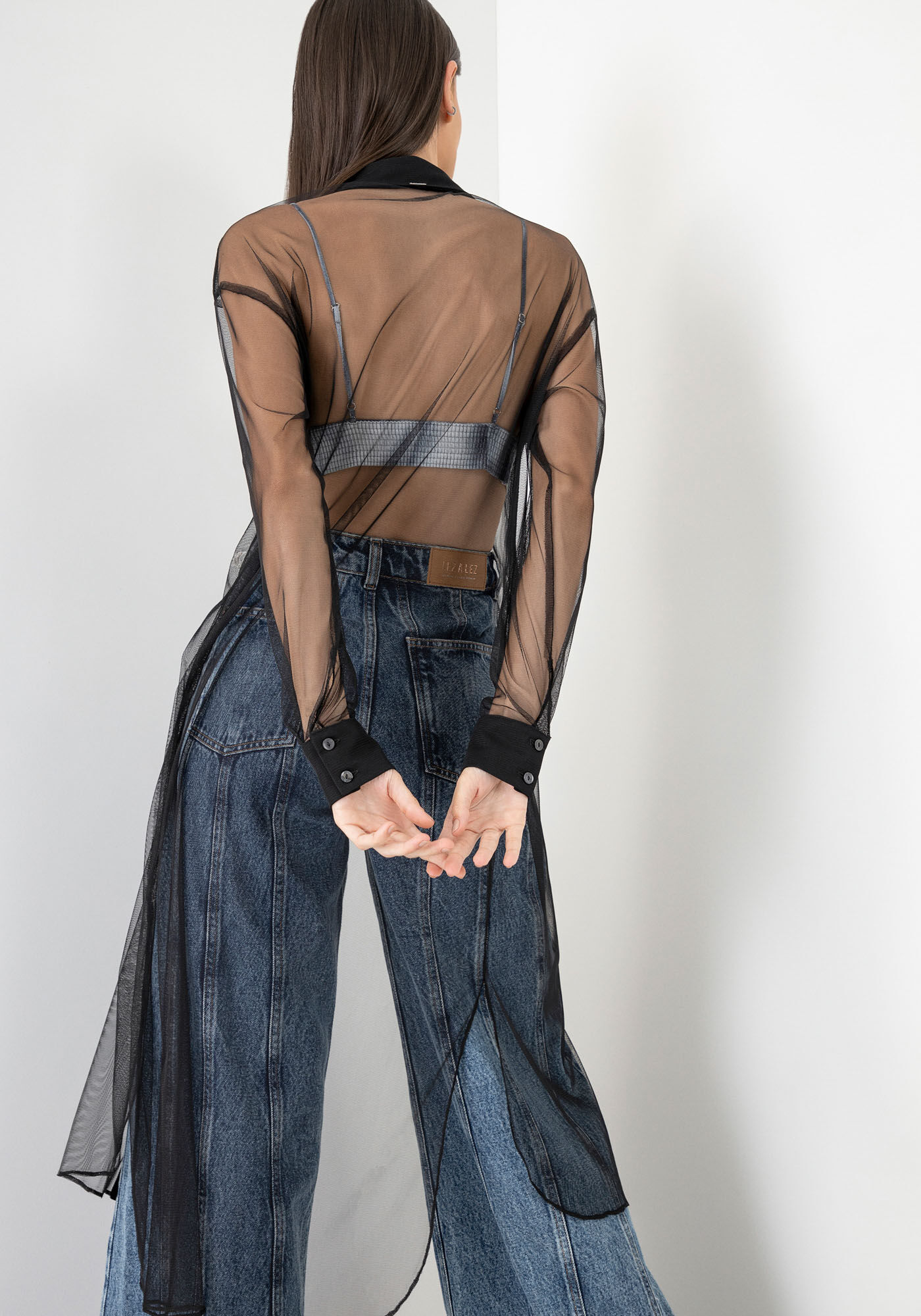 Camisa Alongada Manga Longa em Tule e Bordado, , large.