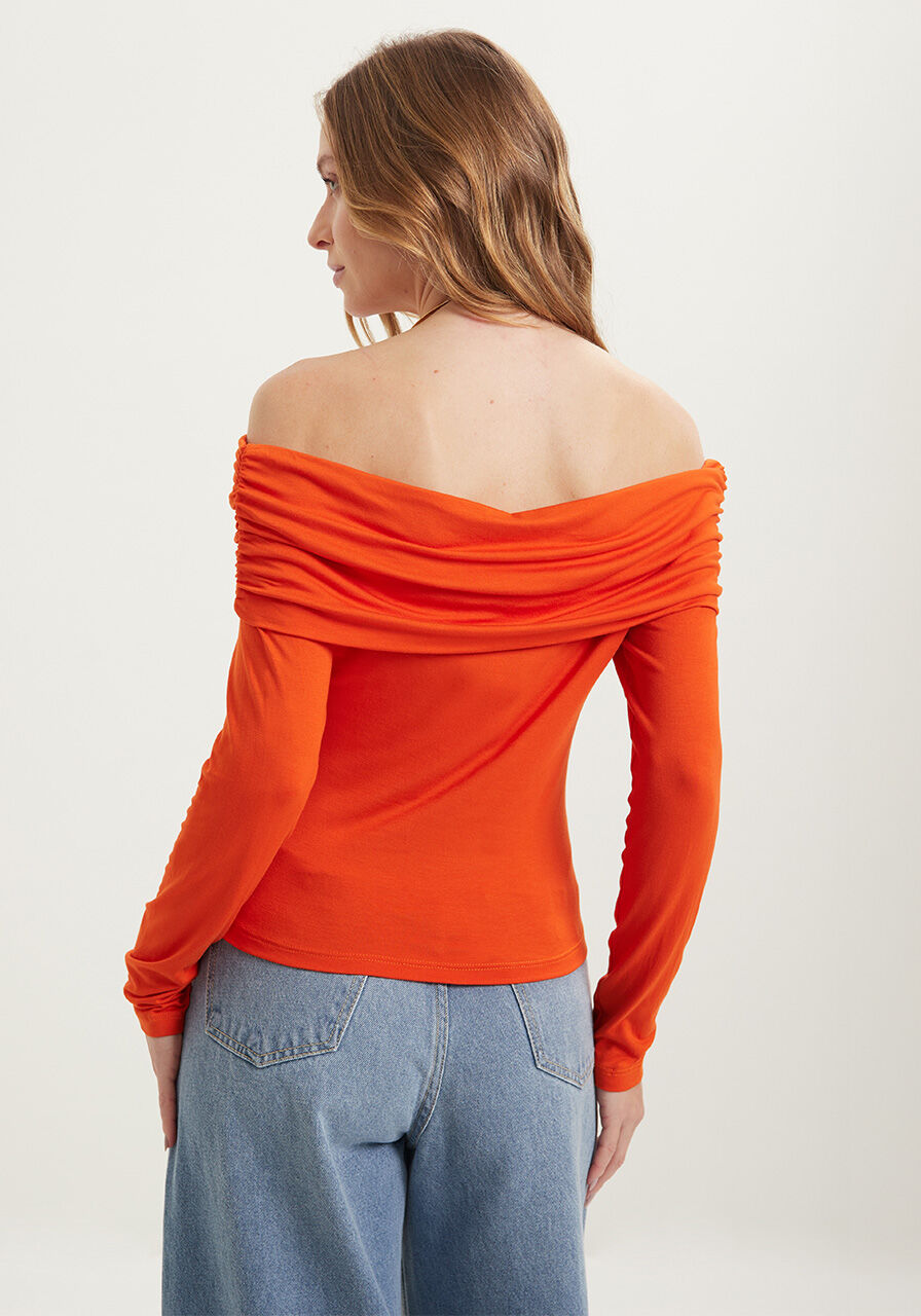 Blusa Ombro A Ombro Em Malha Com Franzidos E Mangas Longas, , large.