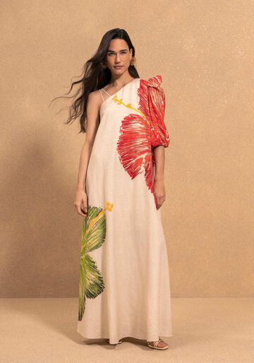 Vestido Longo Estampado Com Manga Única Balonê, HIBISCOS BEGE. Vestido Longo Estampado Com Manga Única Balonê, HIBISCOS BEGE, large.