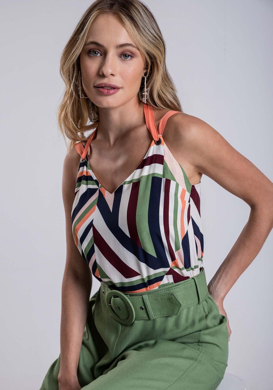 Blusa com Alças em Viscose Estampada, PIPA. Blusa com Alças em Viscose Estampada, PIPA, large.