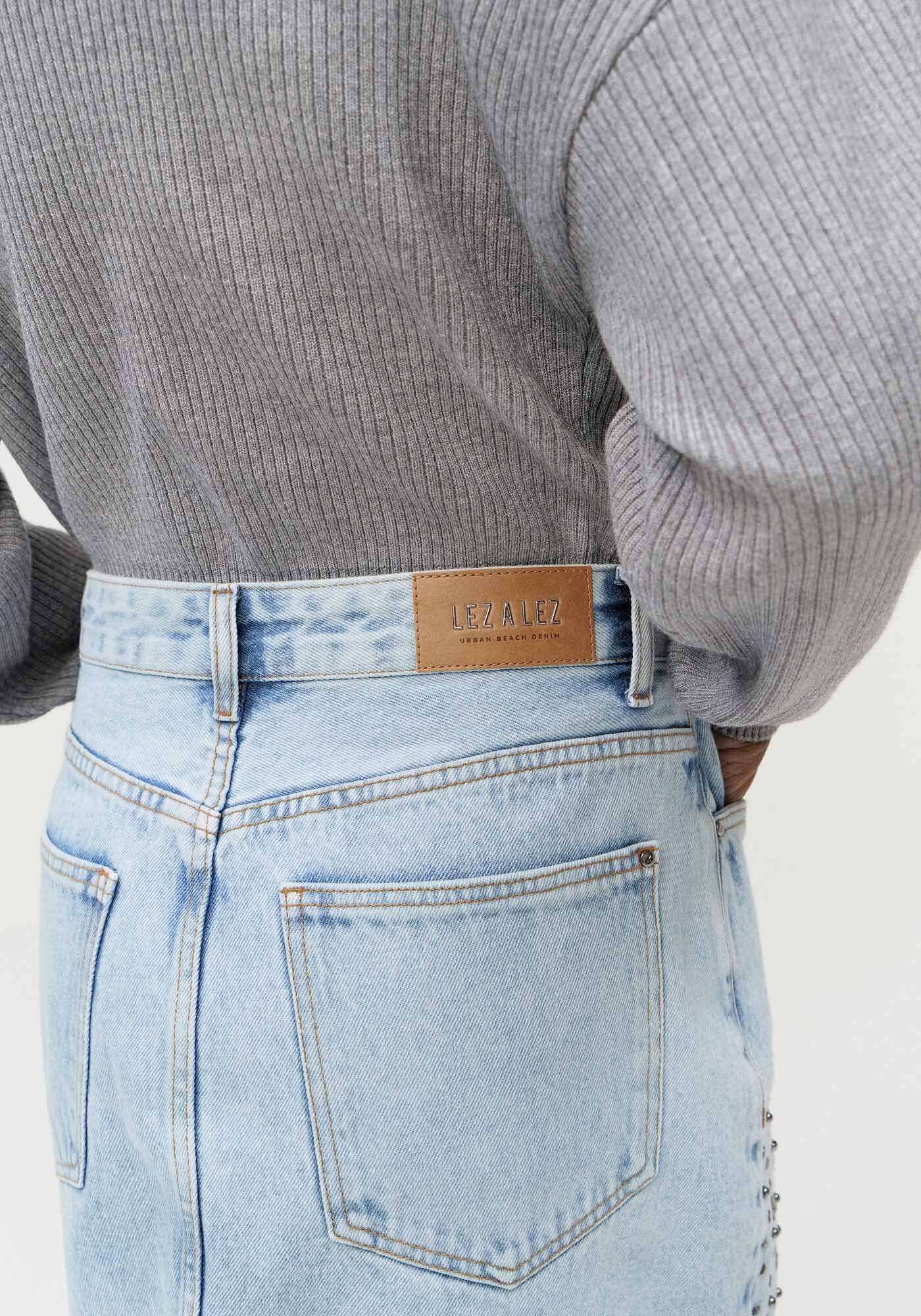 Saia Jeans Curta Cintura Alta com Bordado, JEANS, large.