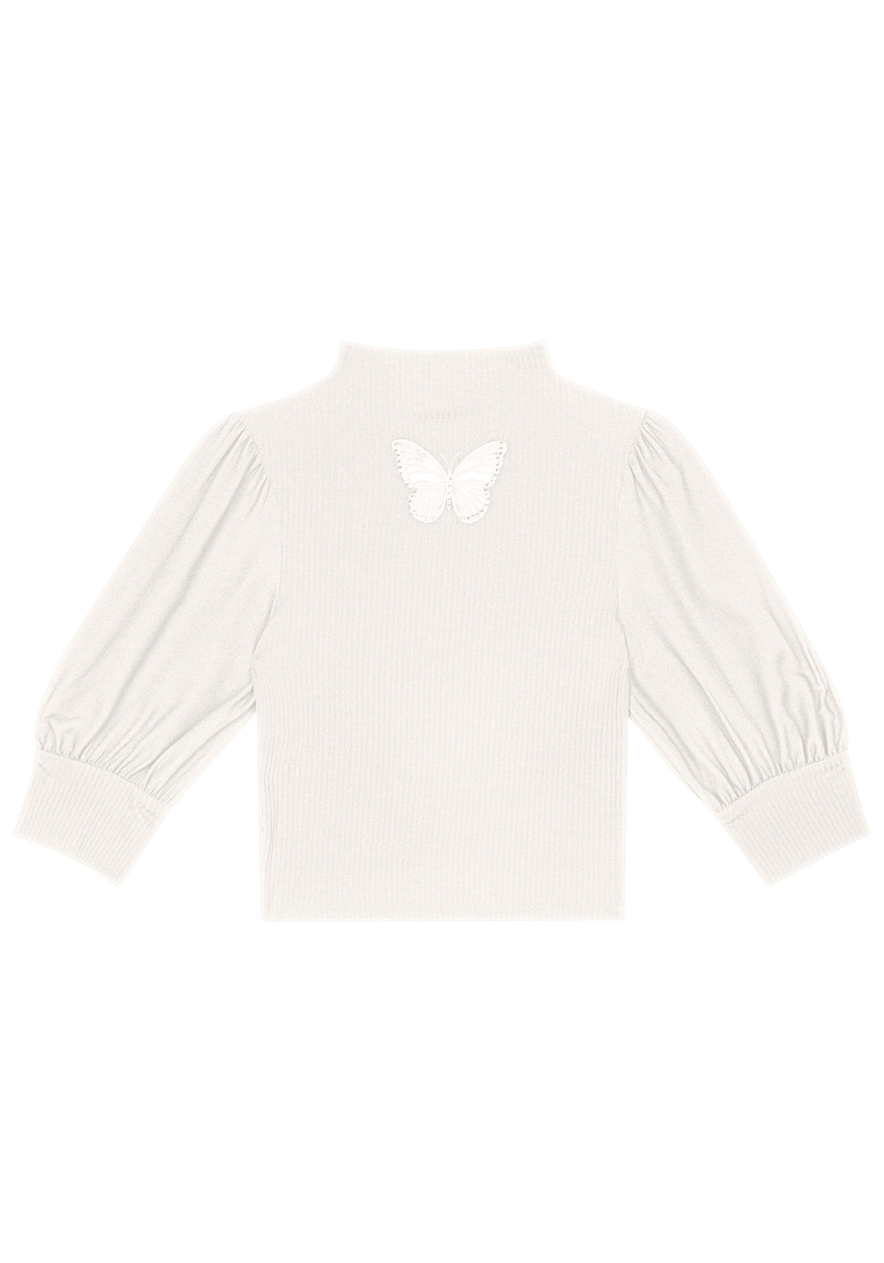 Blusa Manga Bufante com Bordado Borboleta, BRANCO OFF WHITE. Blusa Manga Bufante com Bordado Borboleta, BRANCO OFF WHITE, large.