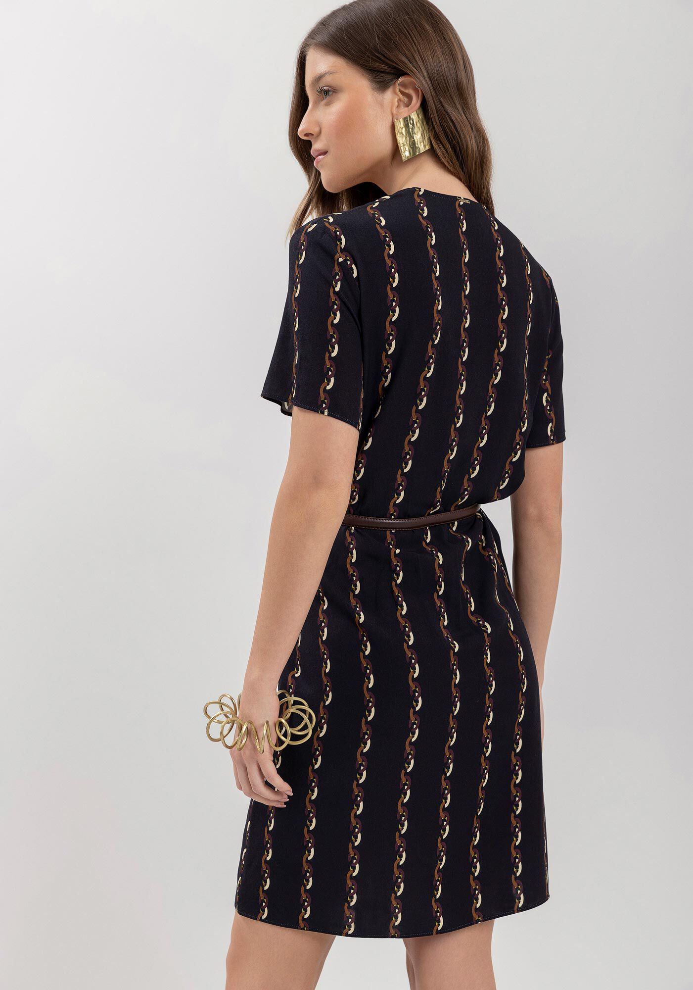 Vestido Curto Estampado De Mangas Com Decote Quadrado, , large.