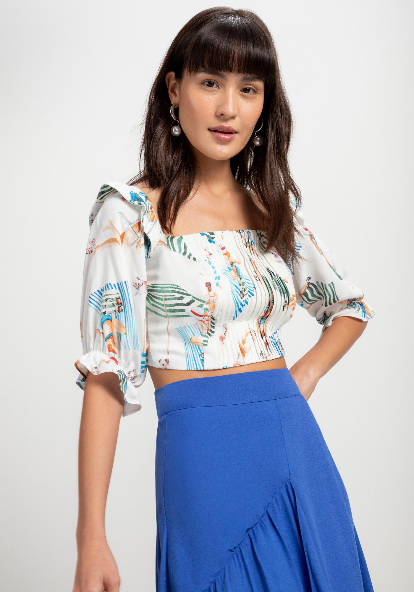 Blusa Estampada com Plissado e La&ccedil;o Costas, , large.