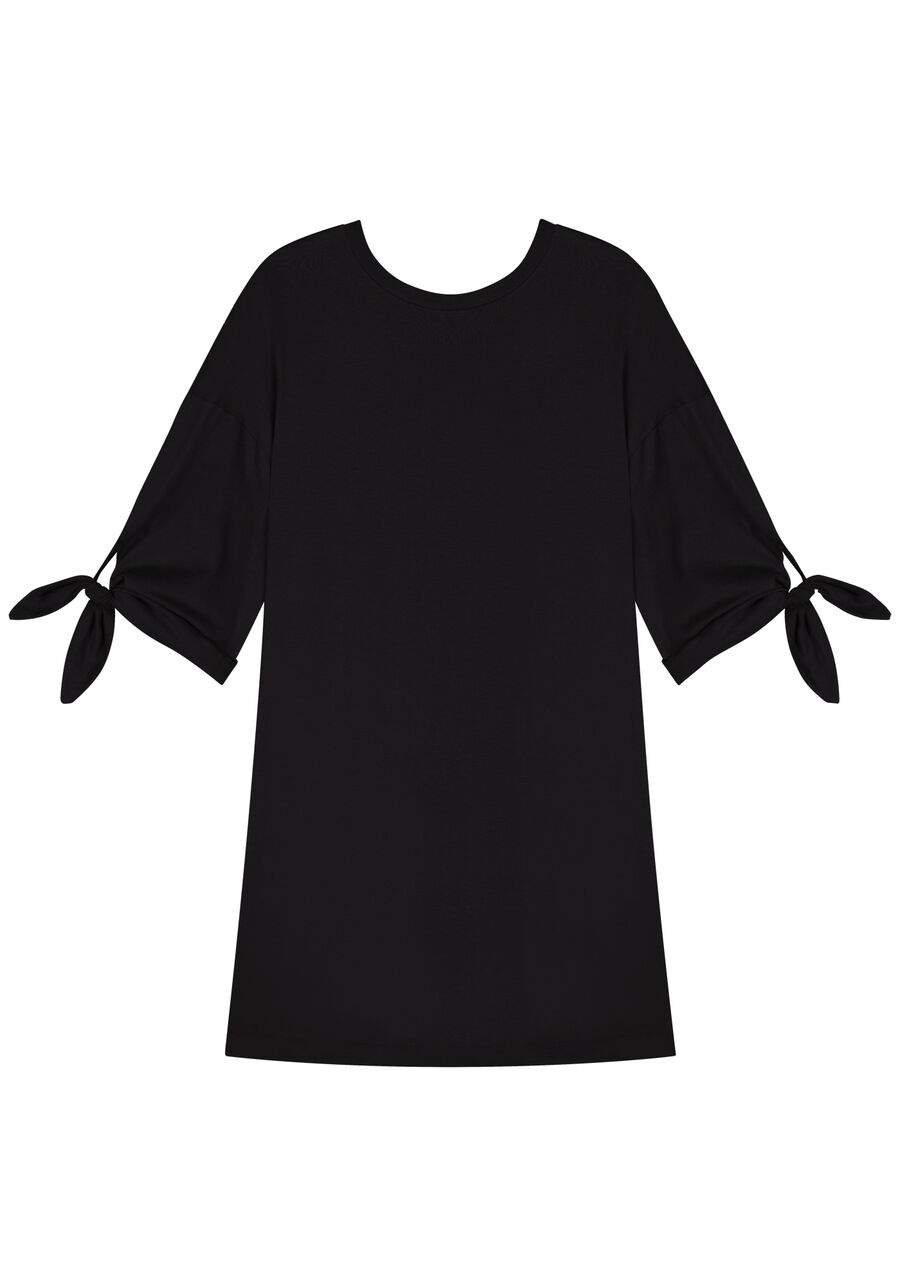 Vestido Curto Em Malha Penteada Com Mangas 3/4 E Amarrações, . Vestido Curto Em Malha Penteada Com Mangas 3/4 E Amarrações, , large.