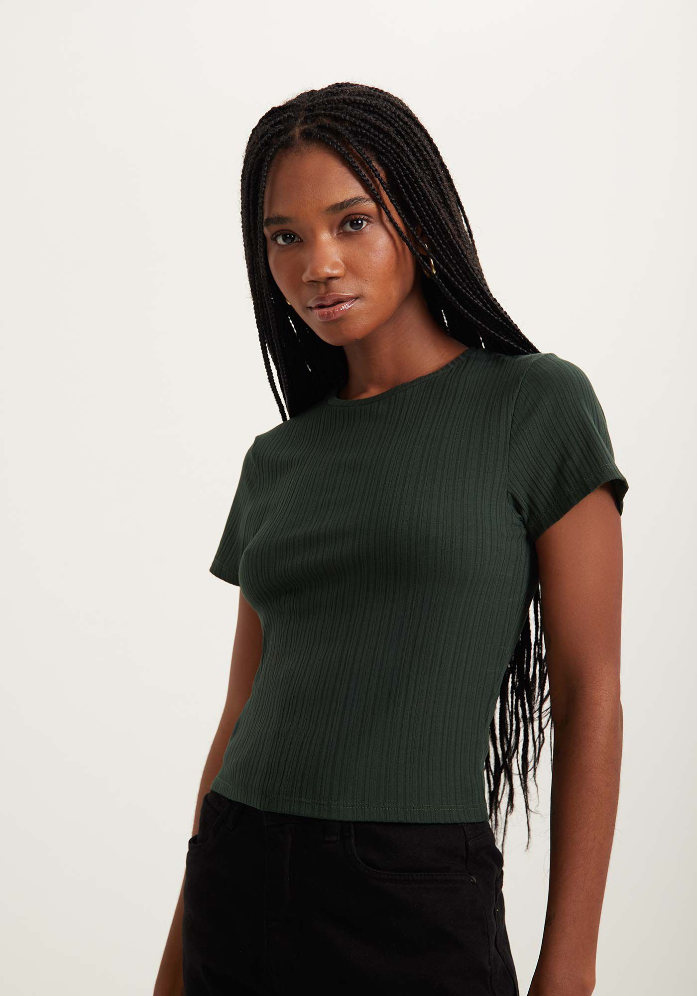 Blusa B&aacute;sica De Mangas Curtas Em Malha Canelada, , large.