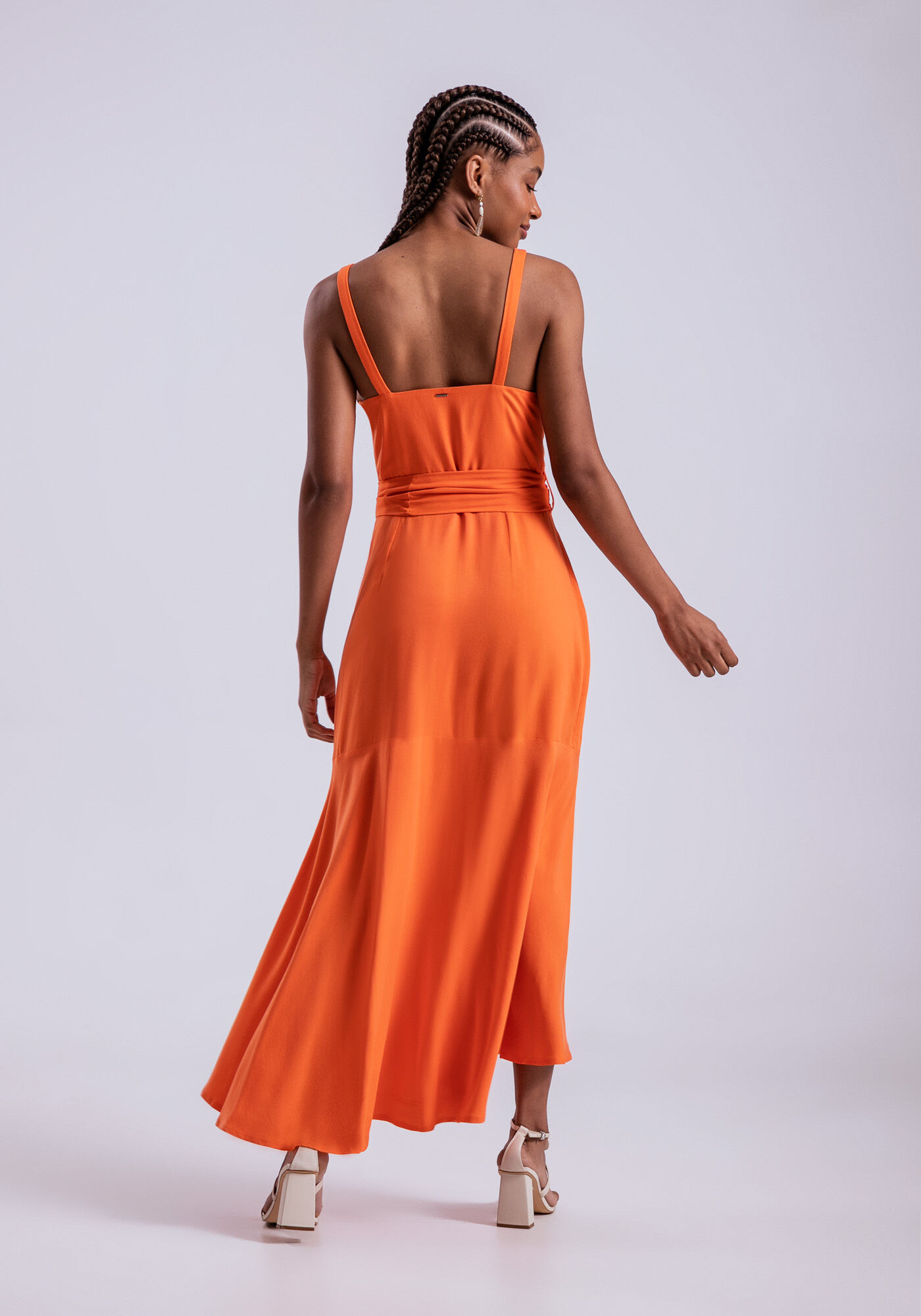 Vestido Midi com Recorte Busto e Cinto, LARANJA LIMPIDO, large.