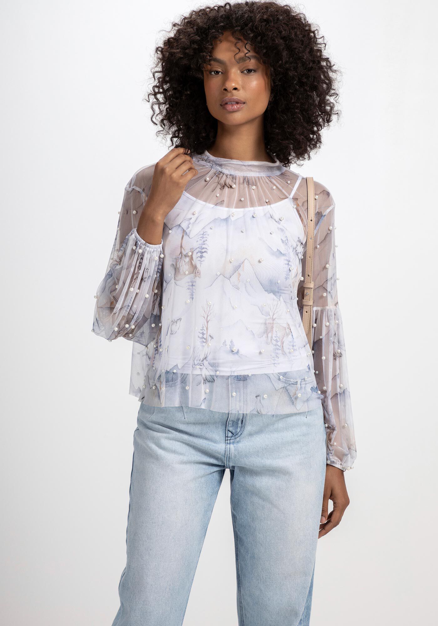 Blusa em Tule Estampado com P&eacute;rolas, FOX, large.