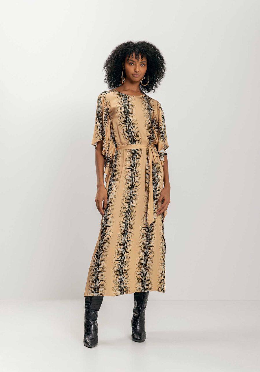 Vestido Chá Estampado Com Mangas Amplas E Faixa, . Vestido Chá Estampado Com Mangas Amplas E Faixa, , large.