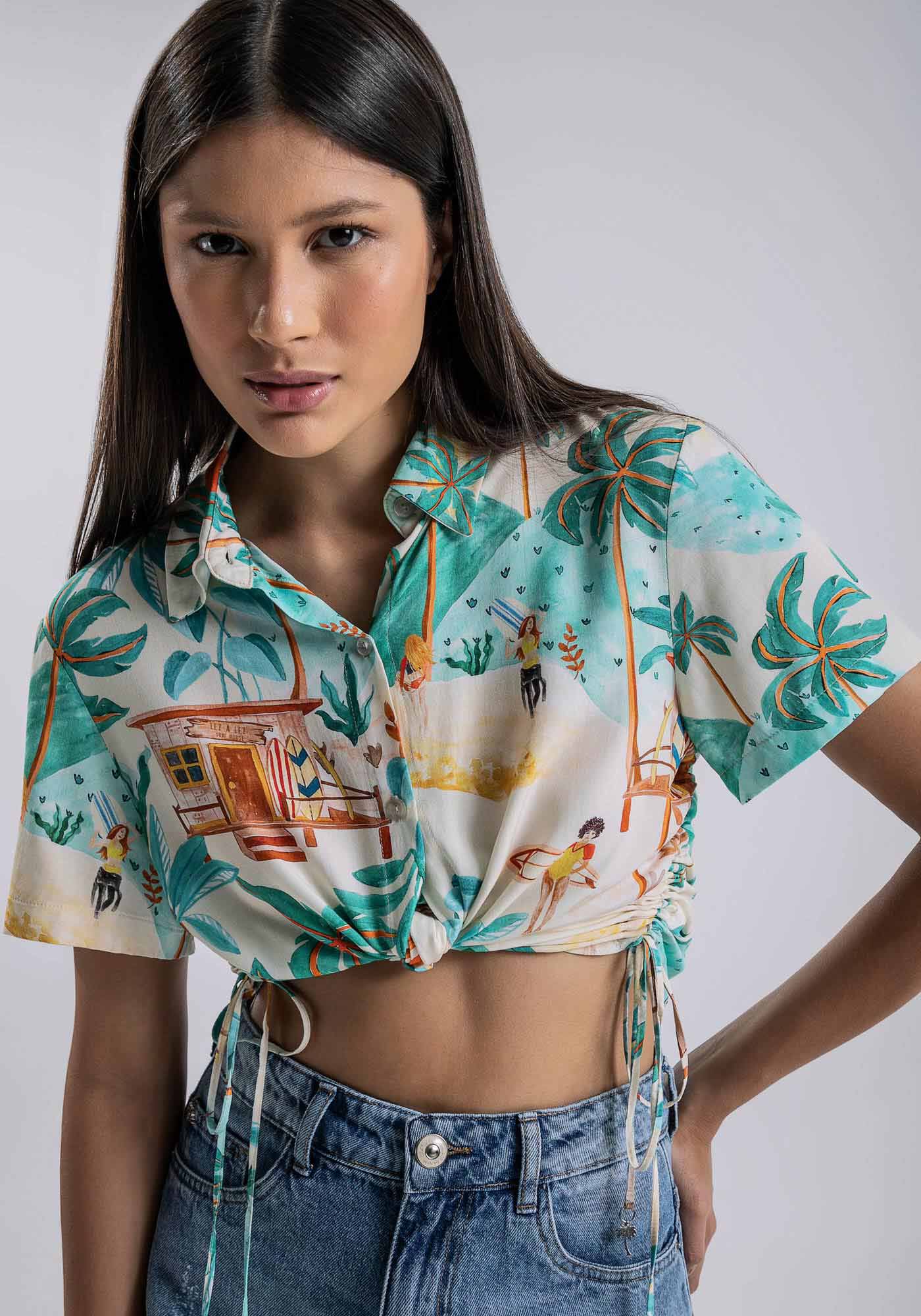 Camisa Manga Curta Viscose com Franzido, , large.