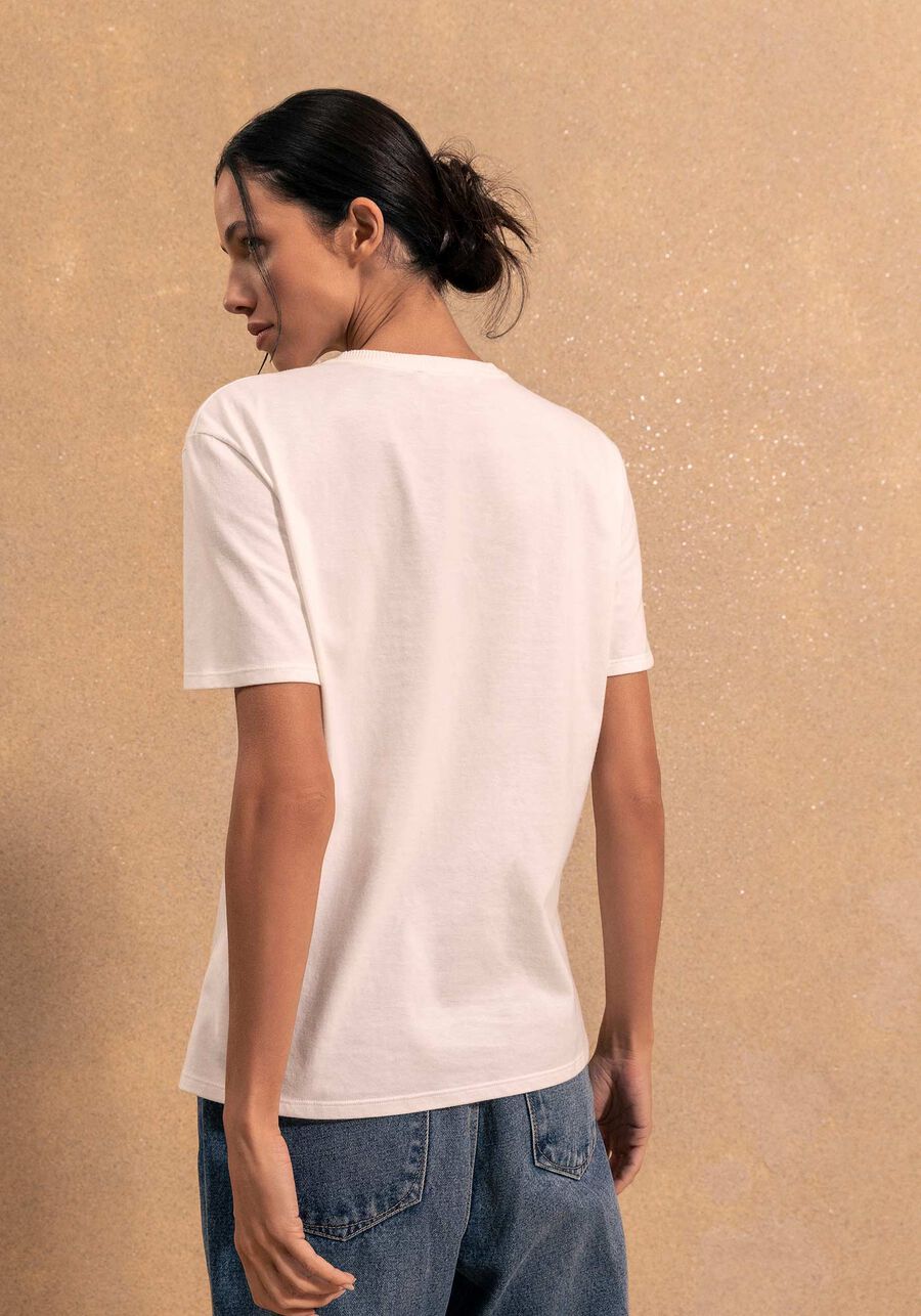 T- shirt Básica Com Bordado Em Malha Penteada De Algodão, BRANCO OFF WHITE. T- shirt Básica Com Bordado Em Malha Penteada De Algodão, BRANCO OFF WHITE, large.