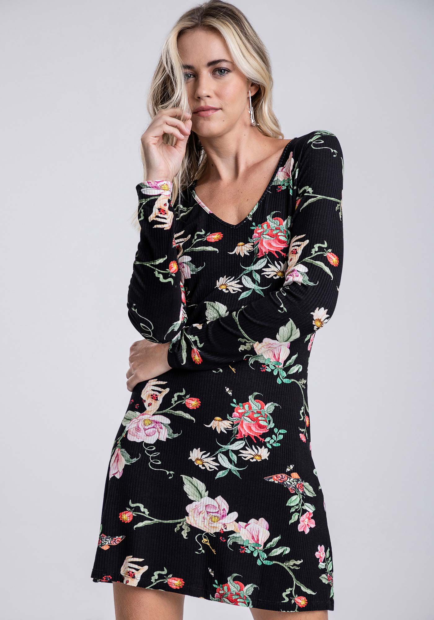 Vestido Manga Longa Canelado Estampado, , large.