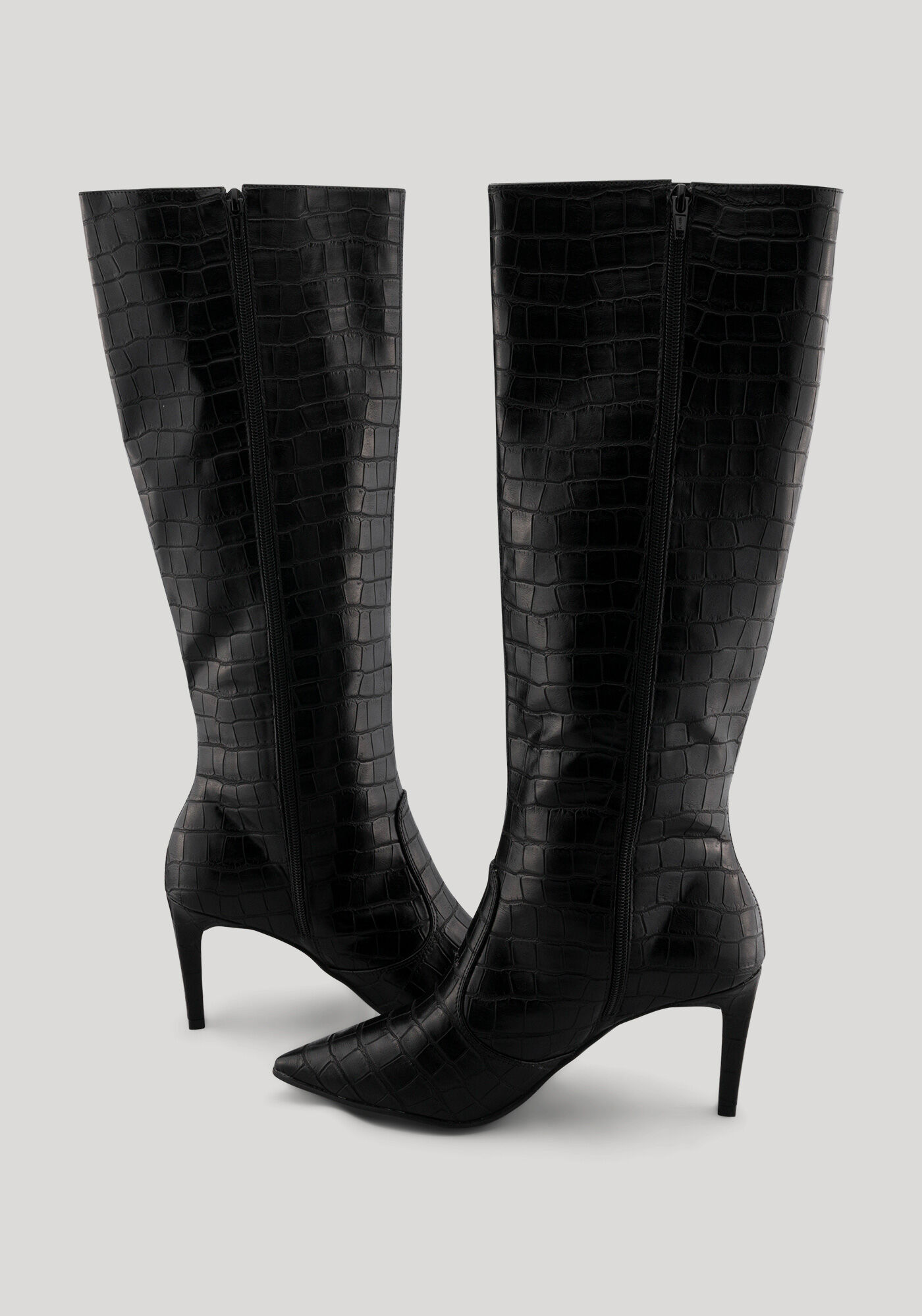 Bota Croco De Cano Alto Com Salto Forrado E Bico Fino, PRETO, large.