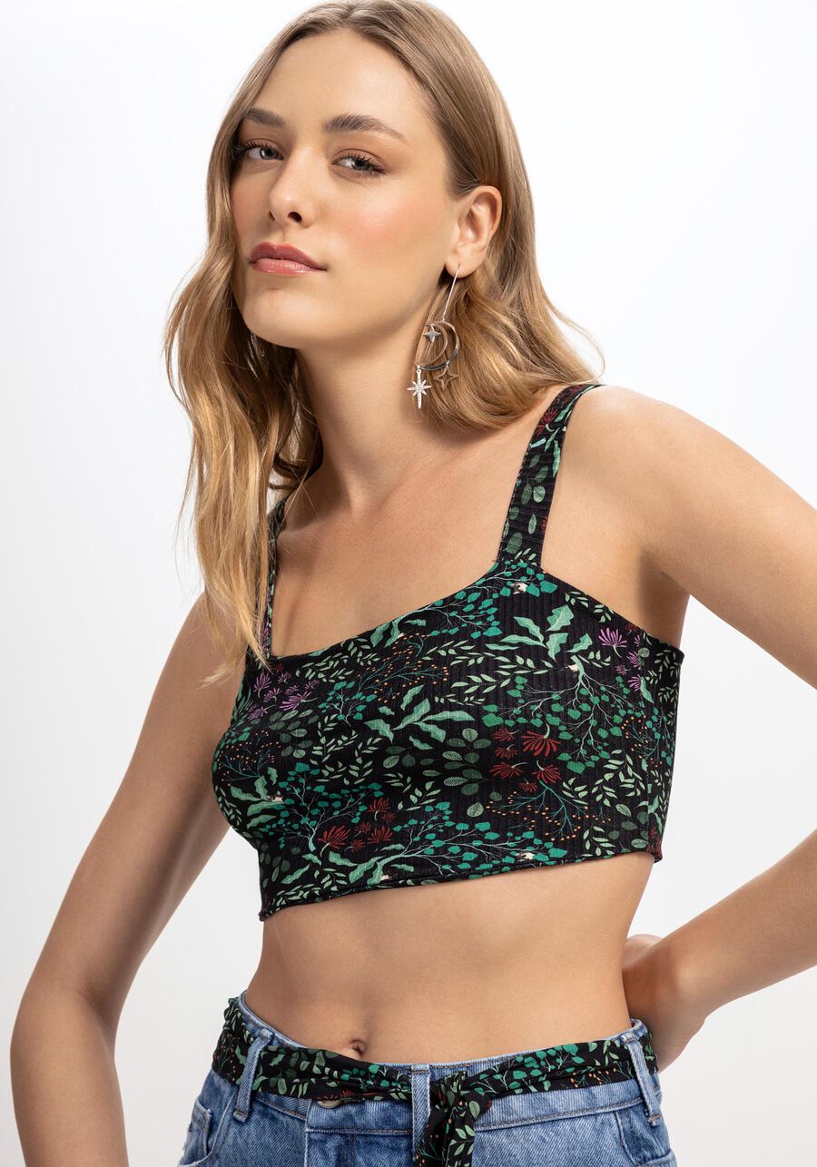 Cardigan Cropped Canelado Estampado com Top, MOSSY. Cardigan Cropped Canelado Estampado com Top, MOSSY, large.