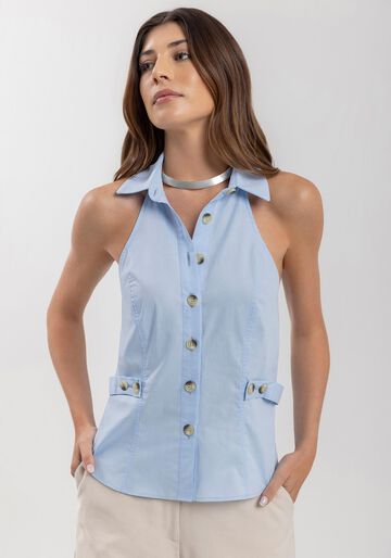 Blusa Sem Mangas Em Algodão Com Botões E Gola Camisa, AZUL EXPRIM. Blusa Sem Mangas Em Algodão Com Botões E Gola Camisa, AZUL EXPRIM, large.