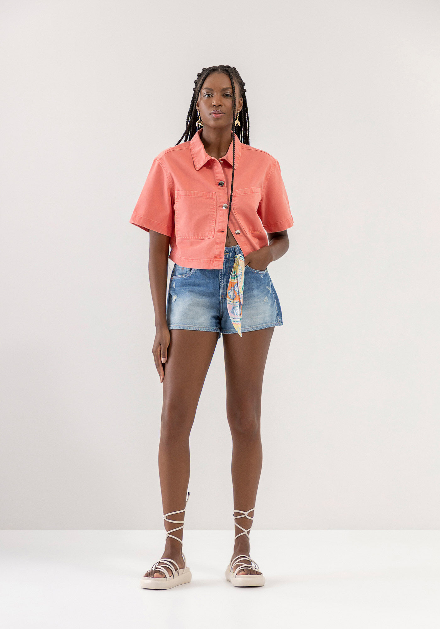 Shorts Jeans Linha A com Len&ccedil;o Estampado, JEANS, large.