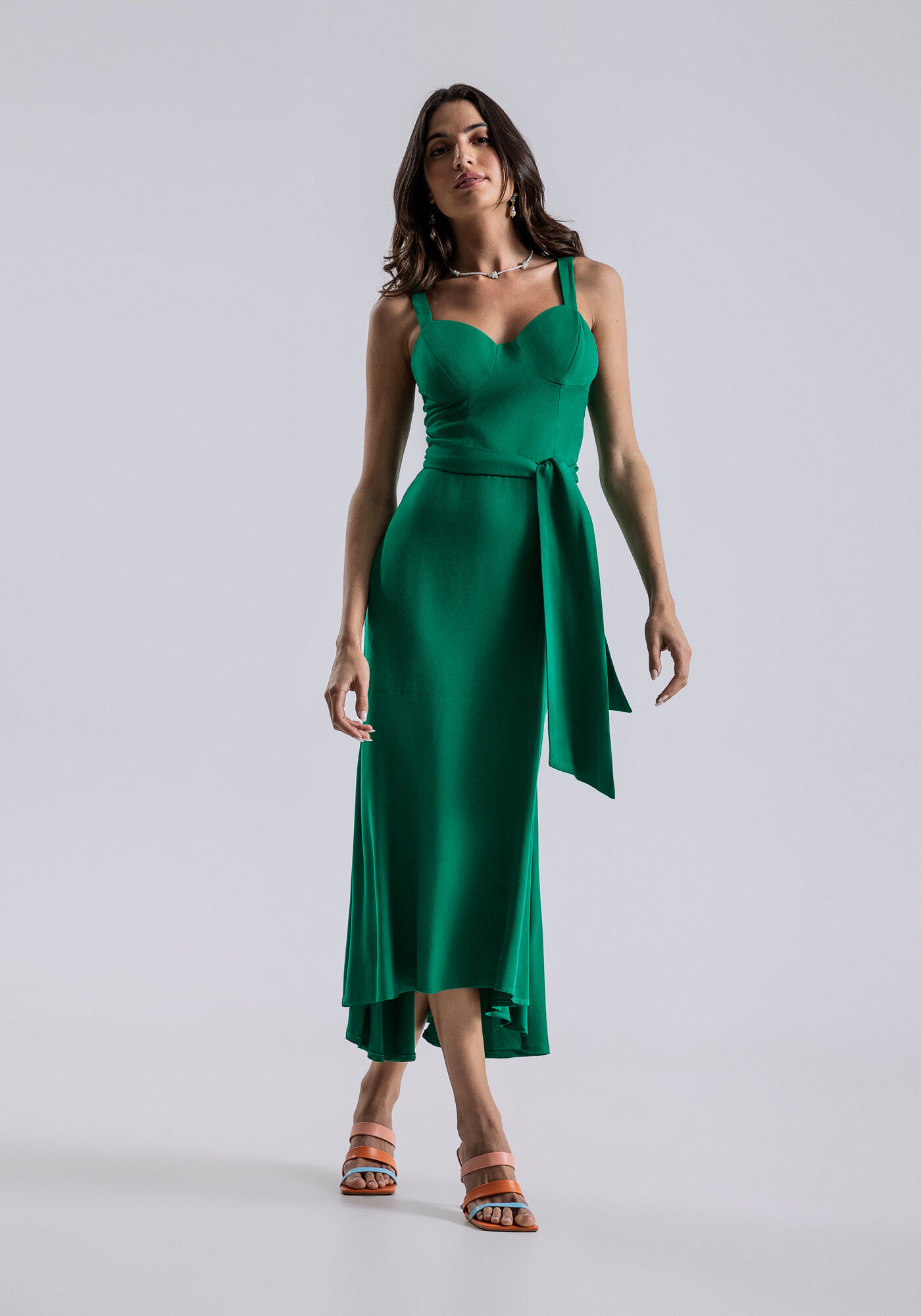Vestido Midi com Recorte Busto e Cinto, VERDE PANTANAL, large.