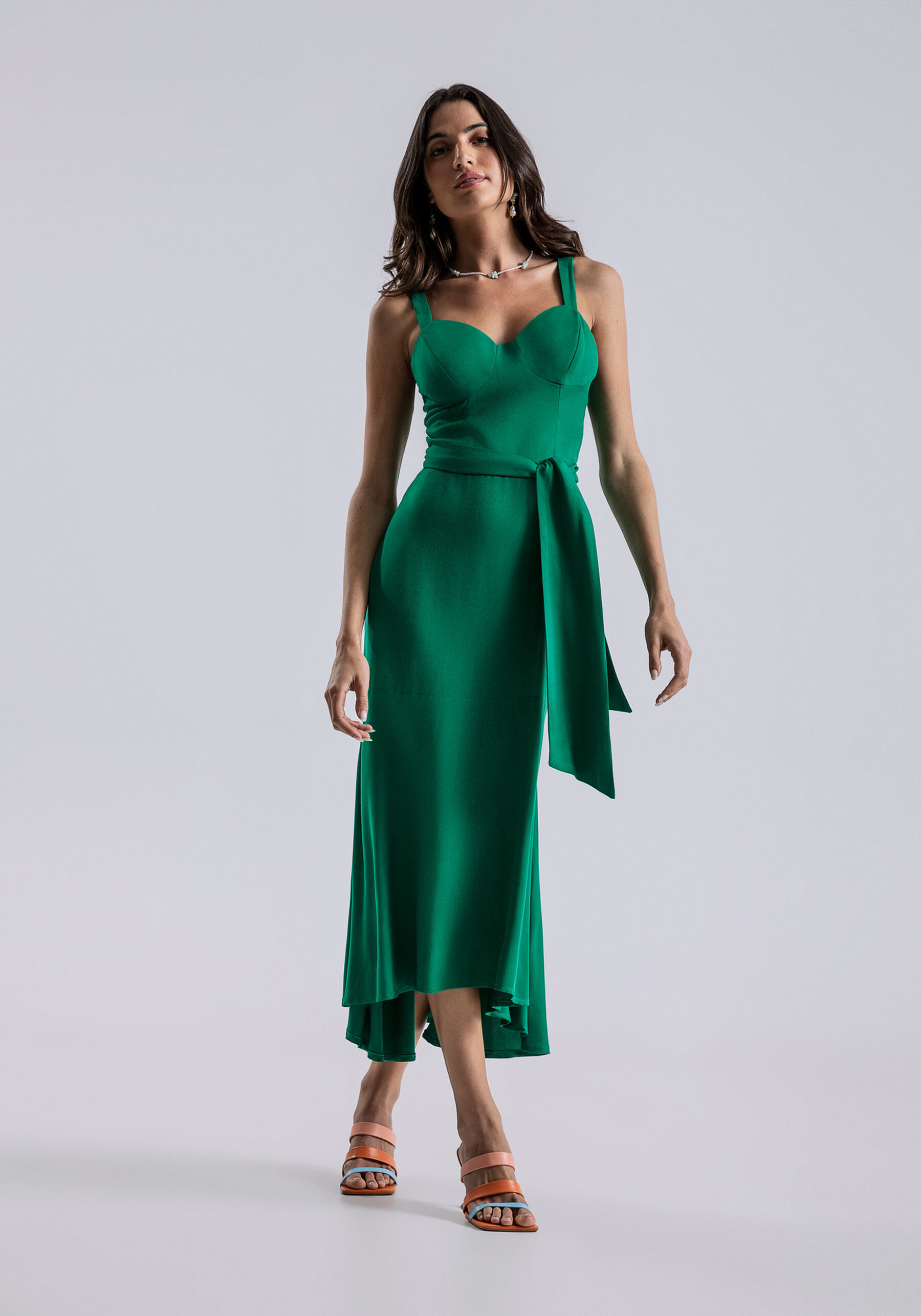 Vestido Midi com Recorte Busto e Cinto, VERDE PANTANAL. Vestido Midi com Recorte Busto e Cinto, VERDE PANTANAL, large.