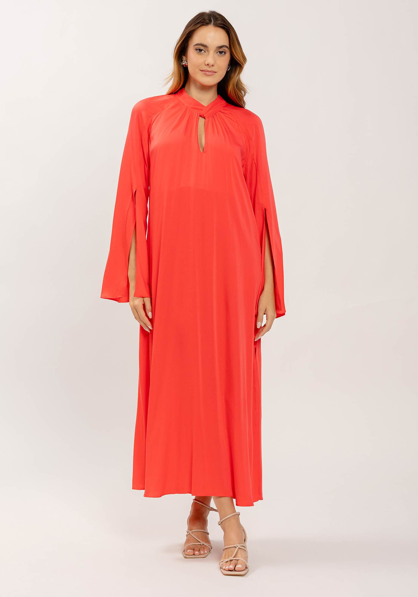 Vestido Midi Amplo com Abertura Mangas, , large.
