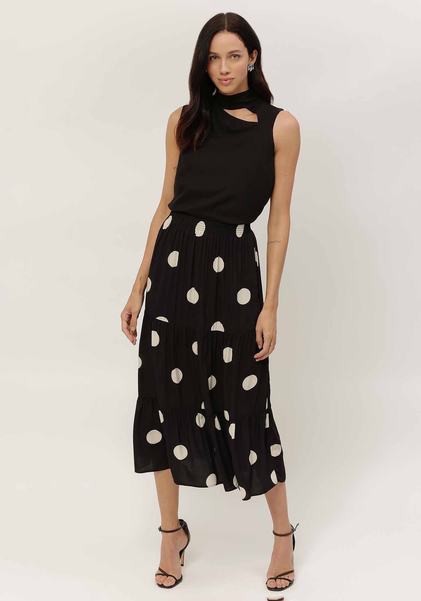 Saia Midi Estampada em Viscose com Babados, , large.